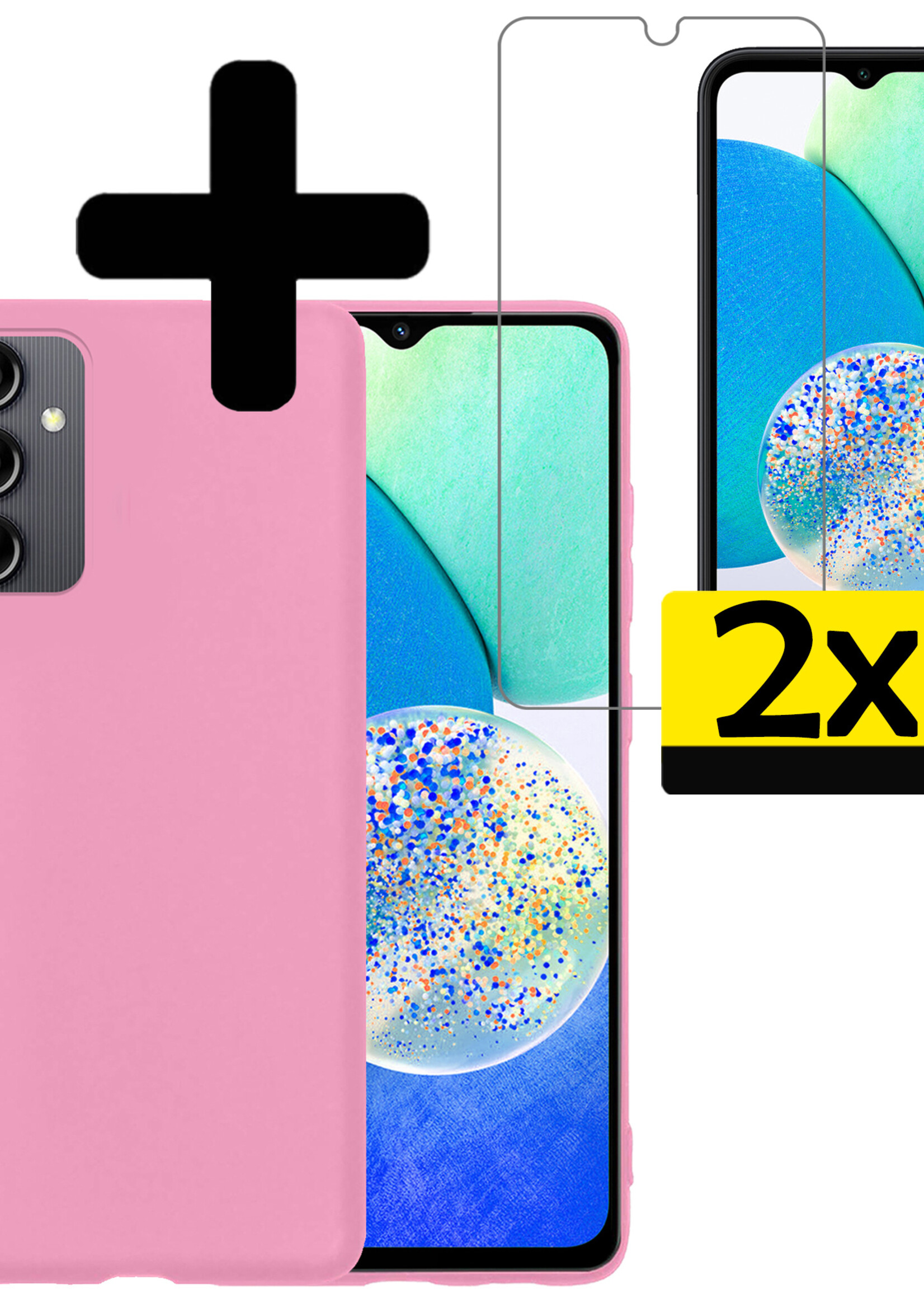 LUQ Hoesje Geschikt voor Samsung A14 Hoesje Siliconen Case Met 2x Screenprotector - Hoes Geschikt voor Samsung Galaxy A14 Hoes Siliconen - Roze