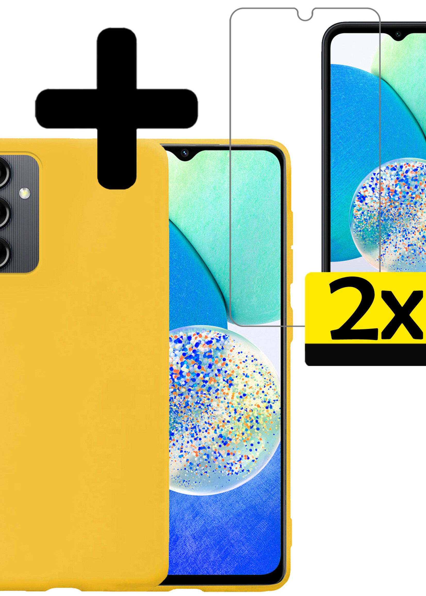 LUQ Hoesje Geschikt voor Samsung A14 Hoesje Siliconen Case Met 2x Screenprotector - Hoes Geschikt voor Samsung Galaxy A14 Hoes Siliconen - Geel