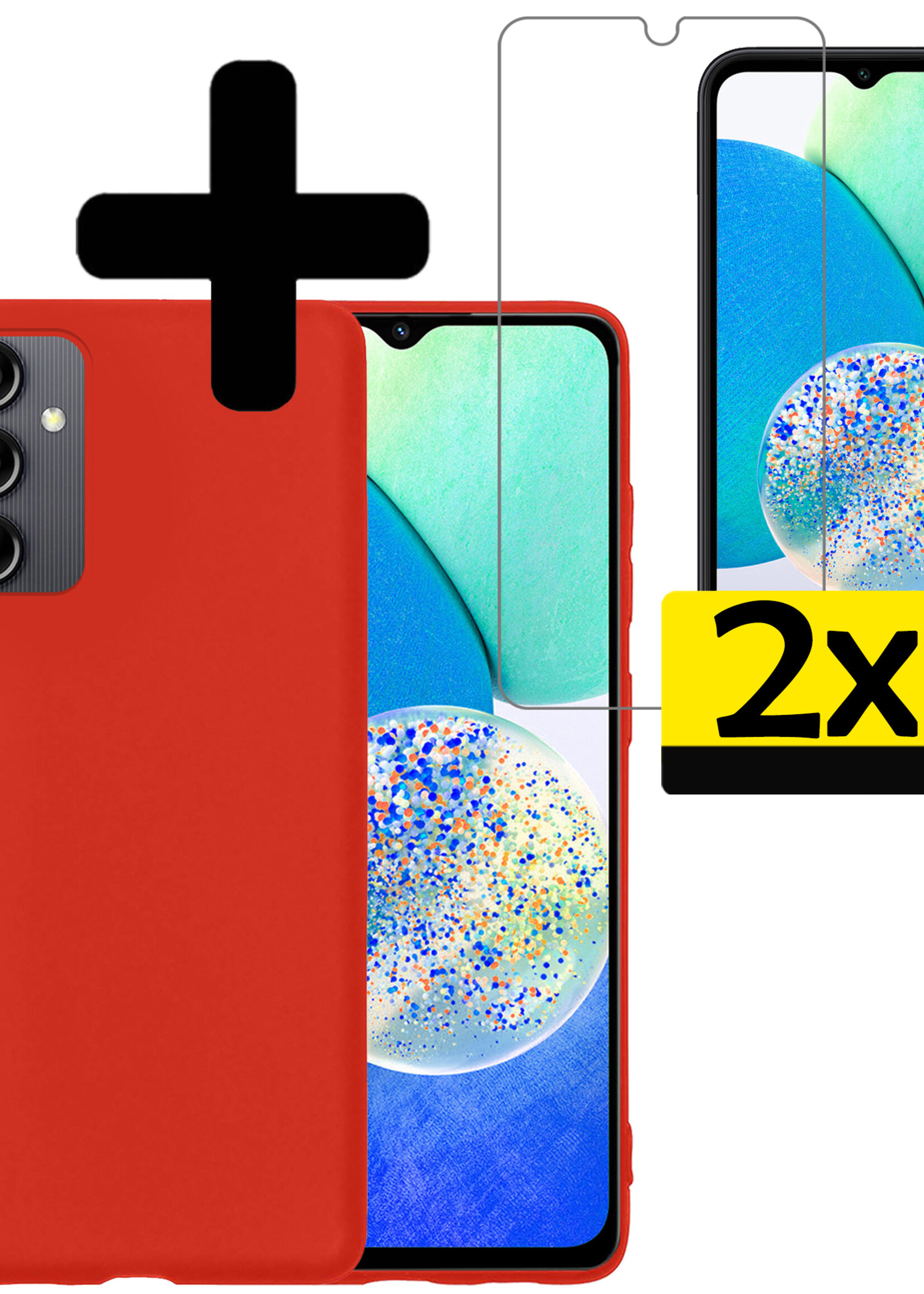 LUQ Hoesje Geschikt voor Samsung A14 Hoesje Siliconen Case Met 2x Screenprotector - Hoes Geschikt voor Samsung Galaxy A14 Hoes Siliconen - Rood