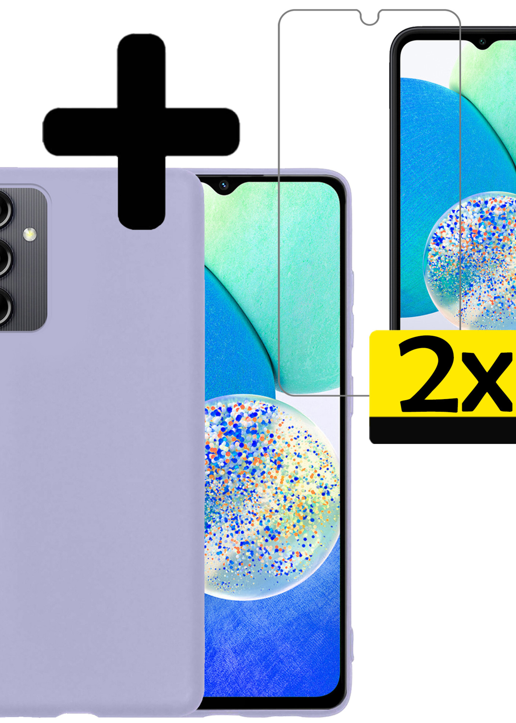 LUQ Hoesje Geschikt voor Samsung A14 Hoesje Siliconen Case Met 2x Screenprotector - Hoes Geschikt voor Samsung Galaxy A14 Hoes Siliconen - Lila