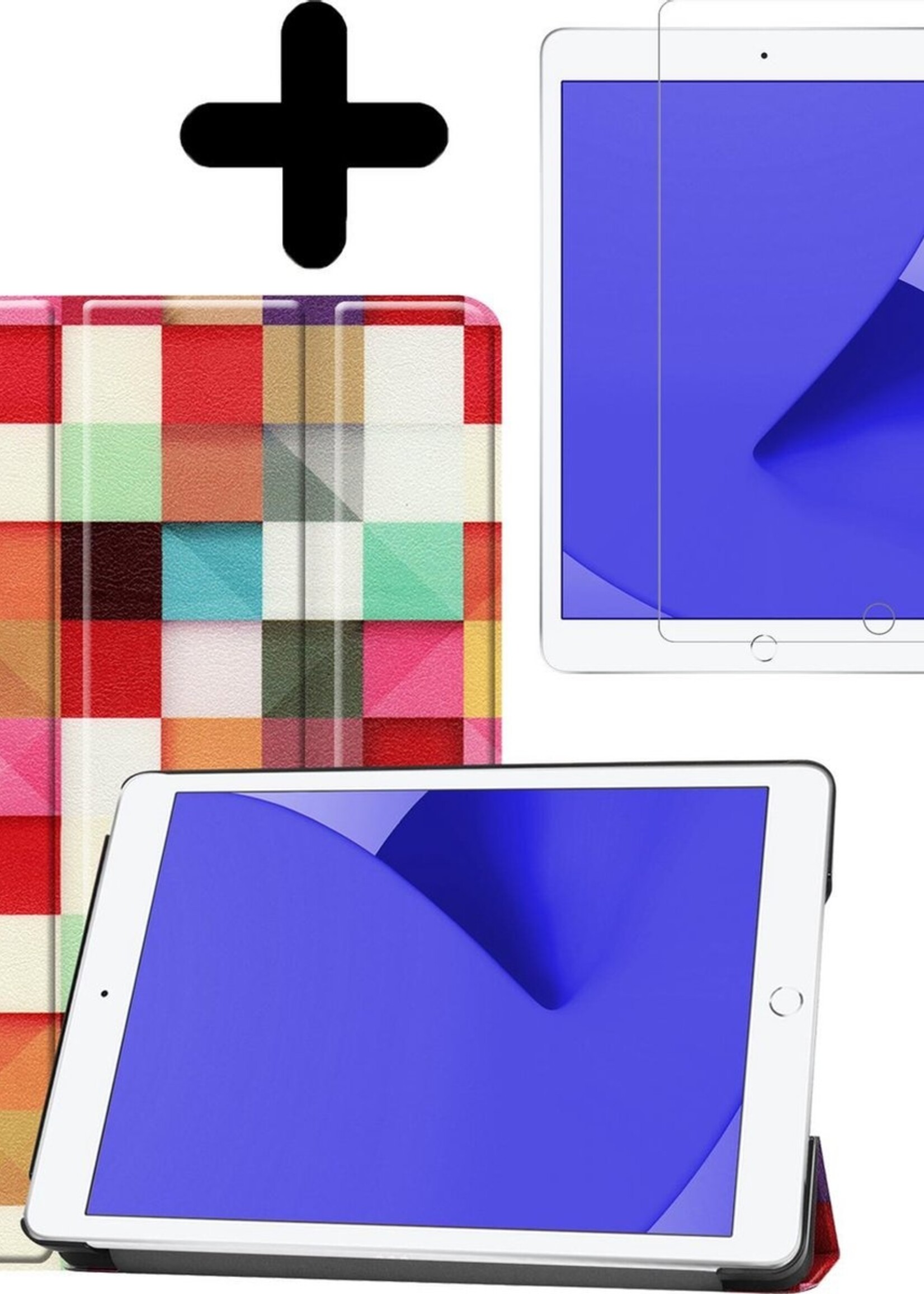 LUQ Hoes Geschikt voor iPad 10.2 2020 Hoes Luxe Hoesje Book Case Met Screenprotector - Hoesje Geschikt voor iPad 8 Hoes Cover - Blokken
