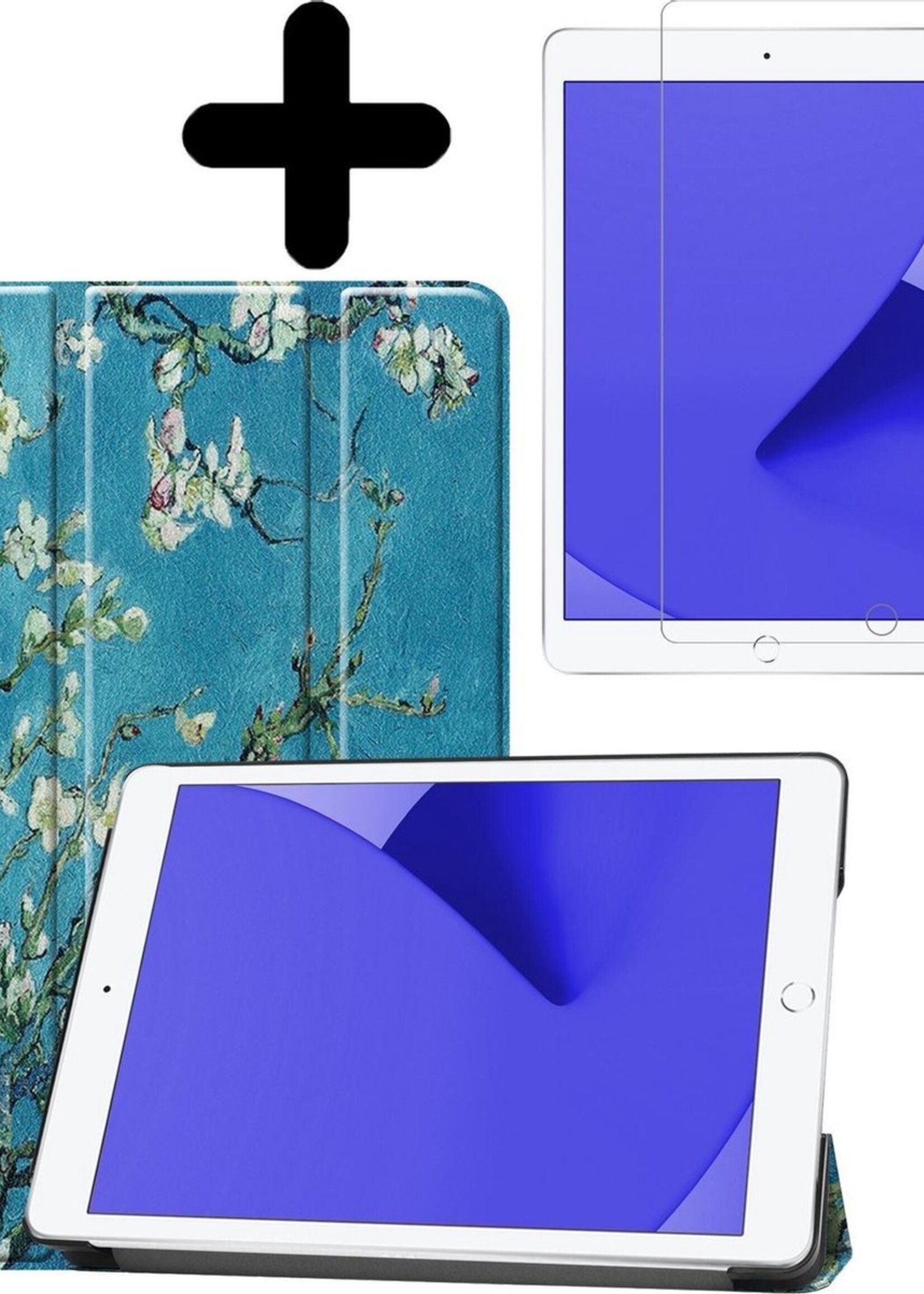 LUQ Hoes Geschikt voor iPad 10.2 2020 Hoes Luxe Hoesje Book Case Met Screenprotector - Hoesje Geschikt voor iPad 8 Hoes Cover - Bloesem