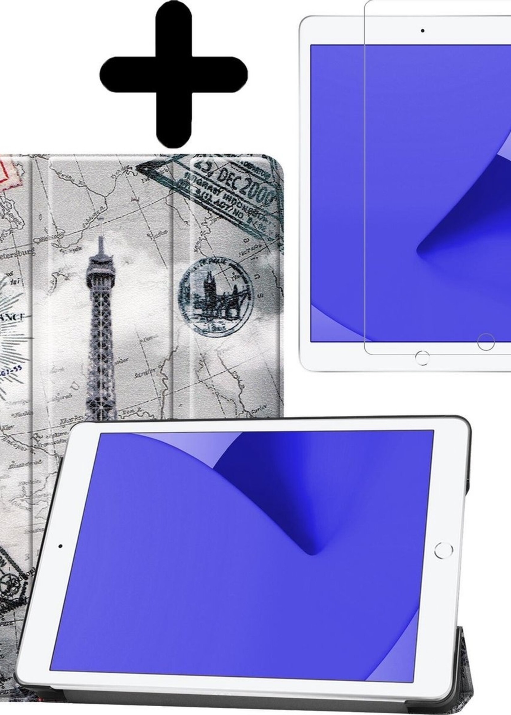 LUQ Hoes Geschikt voor iPad 10.2 2020 Hoes Luxe Hoesje Book Case Met Screenprotector - Hoesje Geschikt voor iPad 8 Hoes Cover - Eiffeltoren