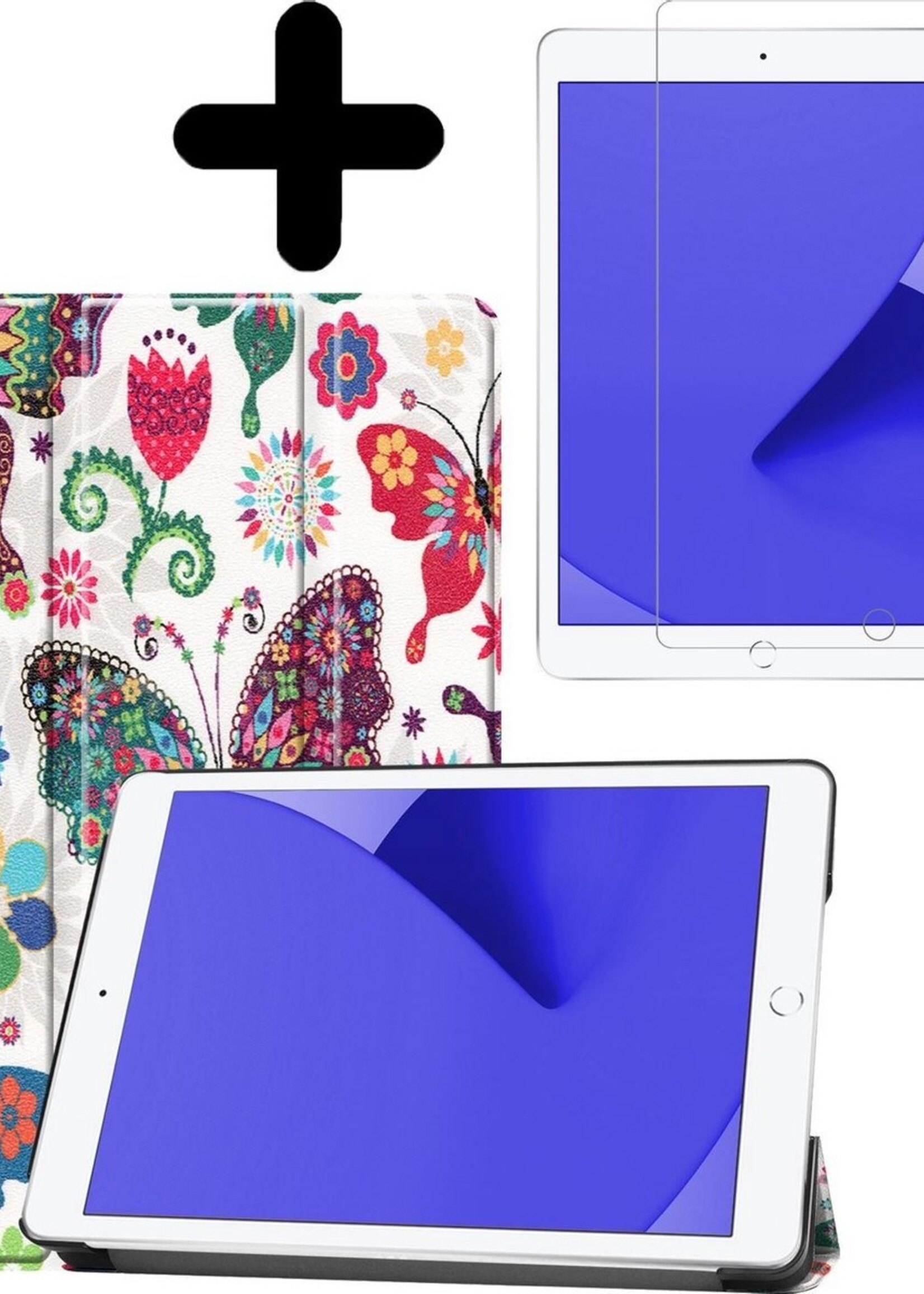 LUQ Hoes Geschikt voor iPad 10.2 2020 Hoes Luxe Hoesje Book Case Met Screenprotector - Hoesje Geschikt voor iPad 8 Hoes Cover - Vlinders