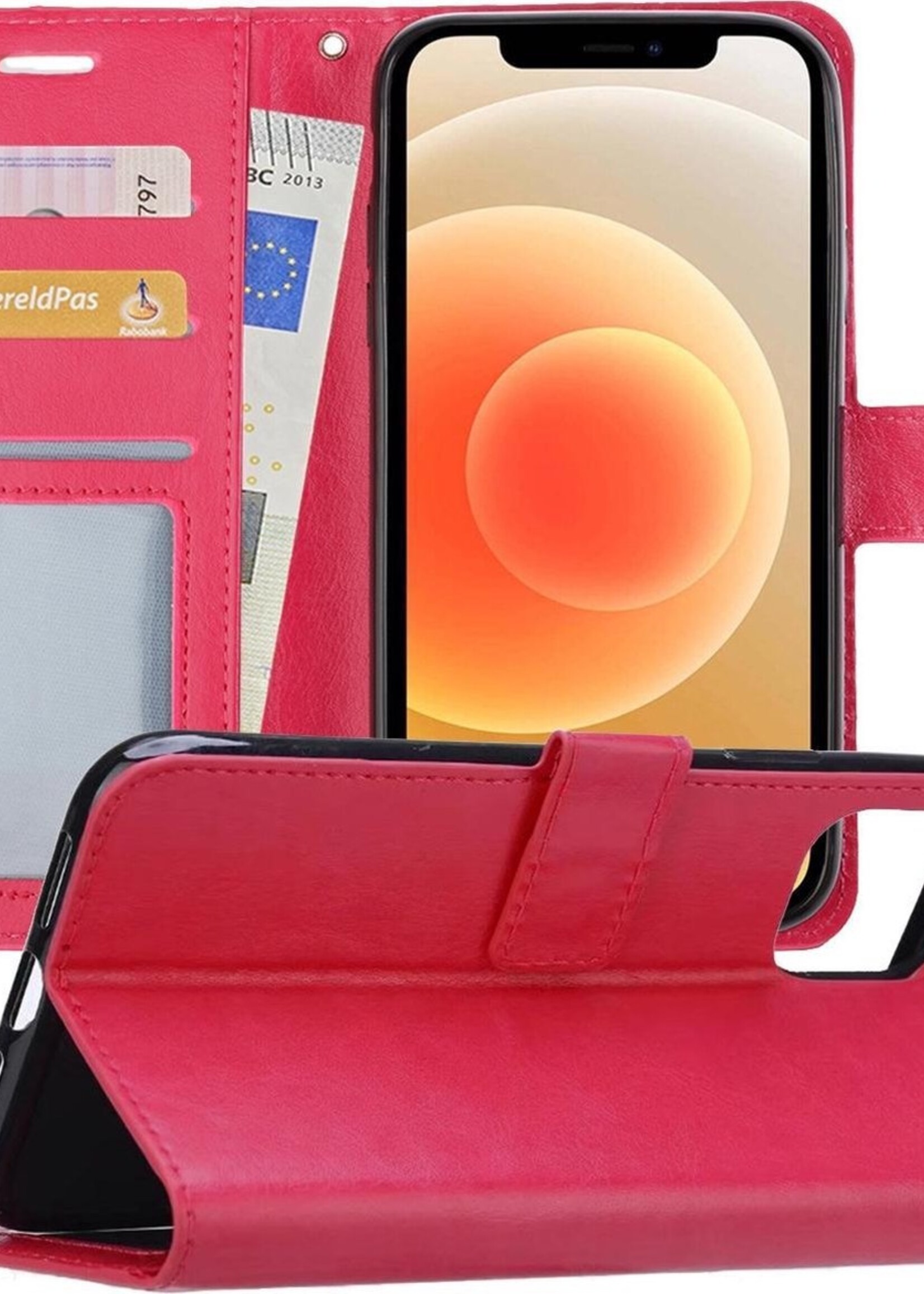 LUQ Hoesje Geschikt voor iPhone 12 Hoesje Book Case Hoes Wallet Cover - Hoes Geschikt voor iPhone 12 Hoesje Bookcase Hoes - Donkerroze