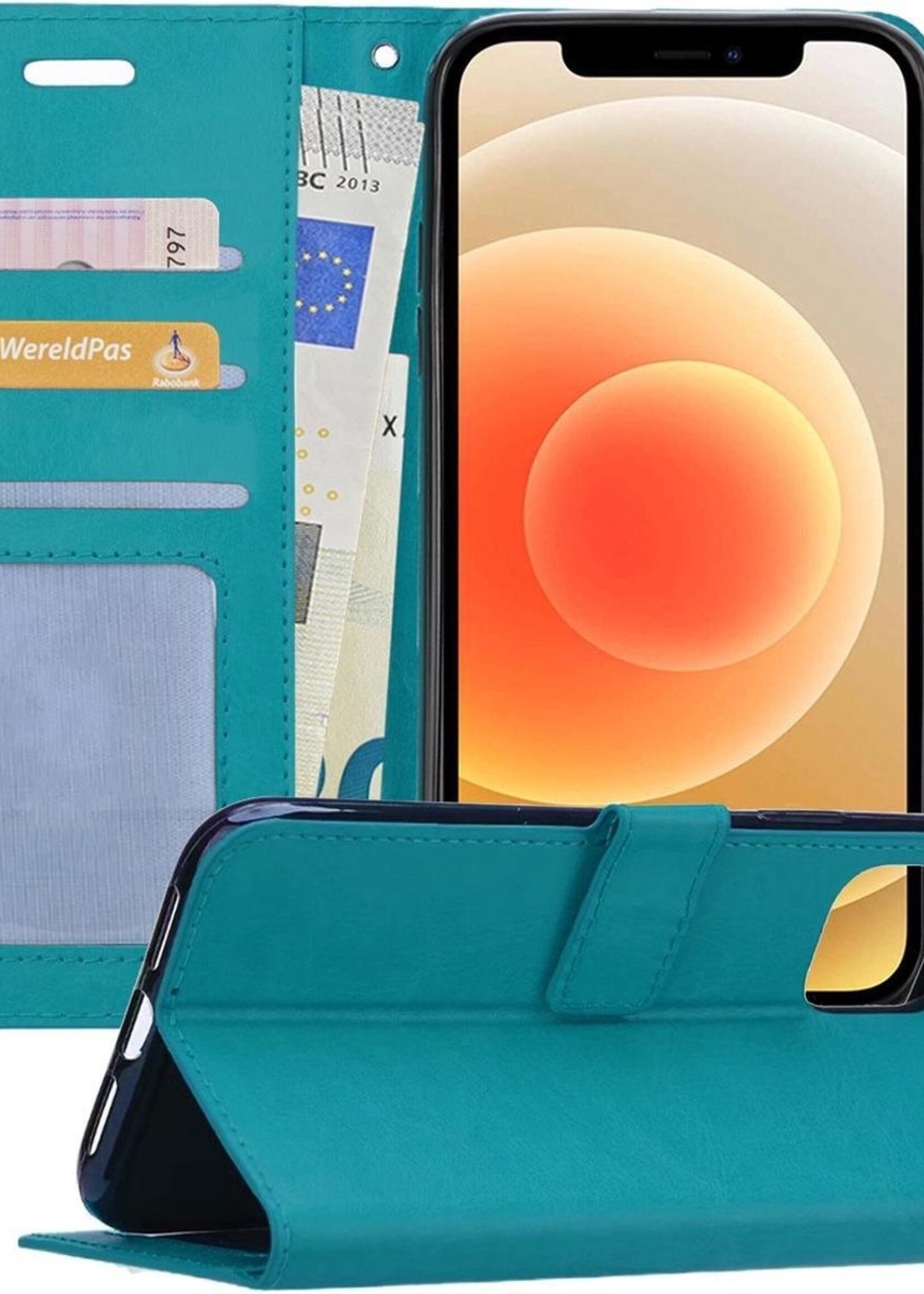 LUQ Hoesje Geschikt voor iPhone 12 Hoesje Book Case Hoes Wallet Cover - Hoes Geschikt voor iPhone 12 Hoesje Bookcase Hoes - Turquoise