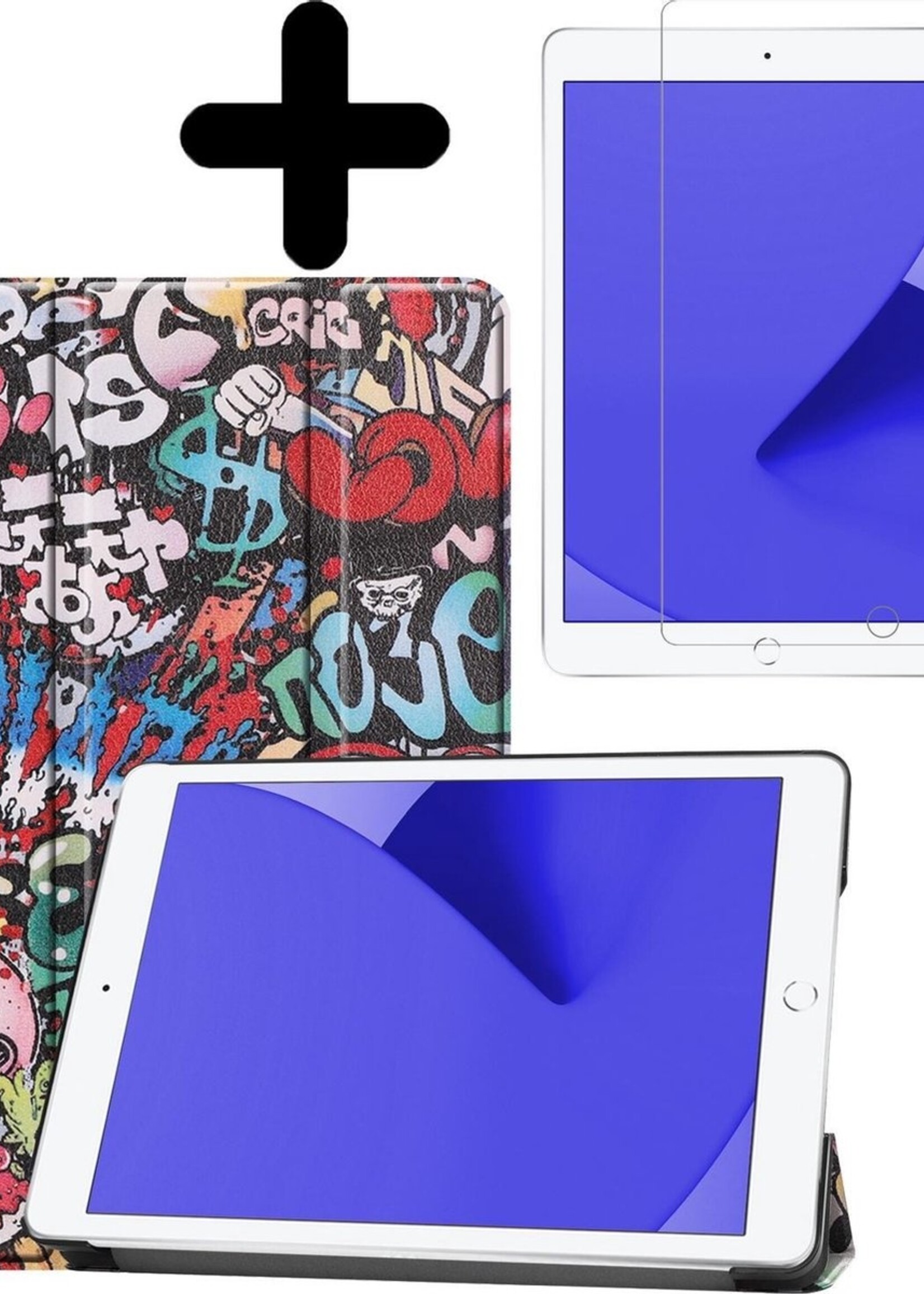 LUQ Hoes Geschikt voor iPad 10.2 2019 Hoes Luxe Hoesje Book Case Met Screenprotector - Hoesje Geschikt voor iPad 7 Hoes Cover - Graffity