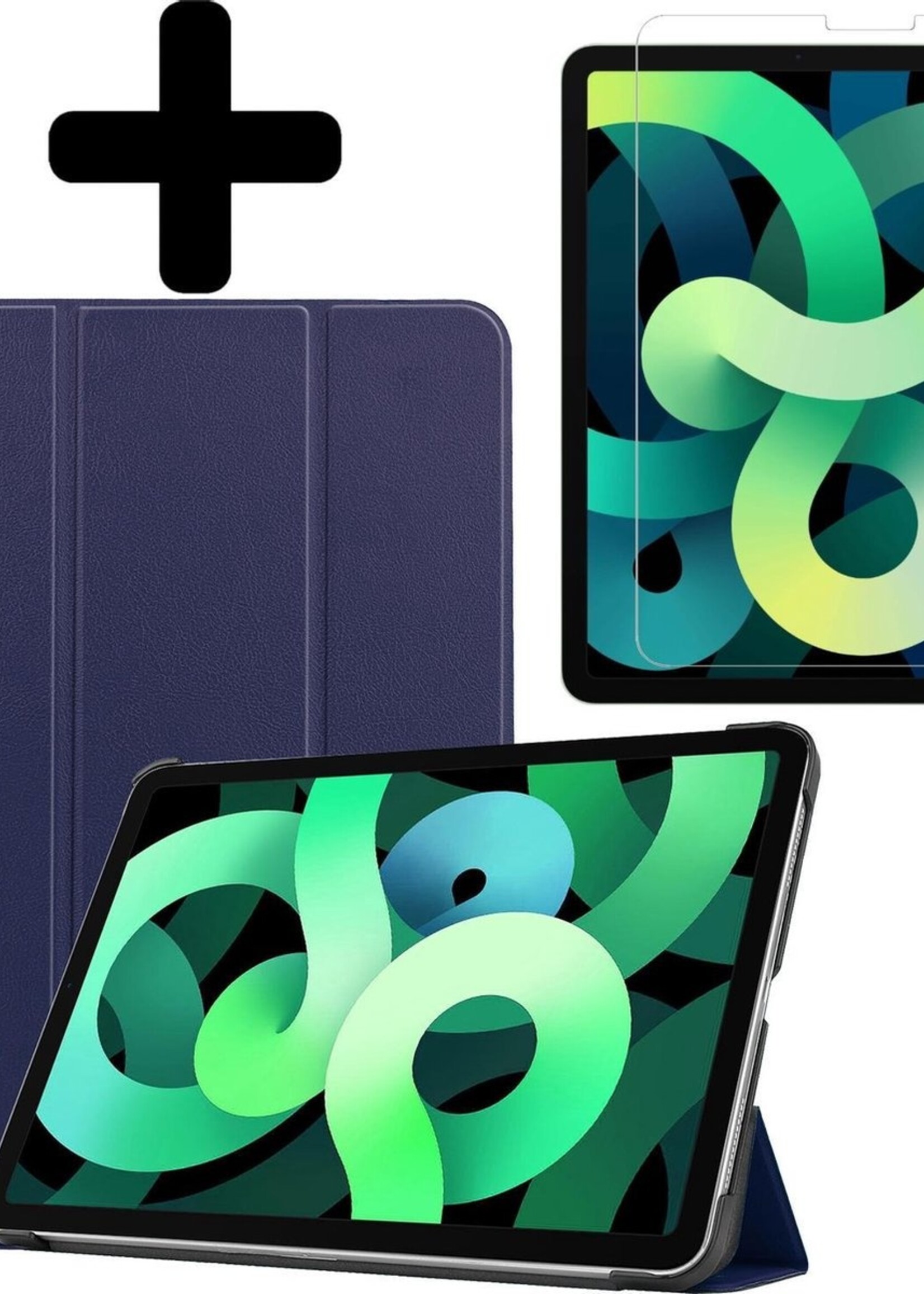 LUQ Hoes Geschikt voor iPad Air 2020 Hoes Luxe Hoesje Book Case Met Screenprotector - Hoesje Geschikt voor iPad Air 4 2020 Hoes Cover - Donkerblauw