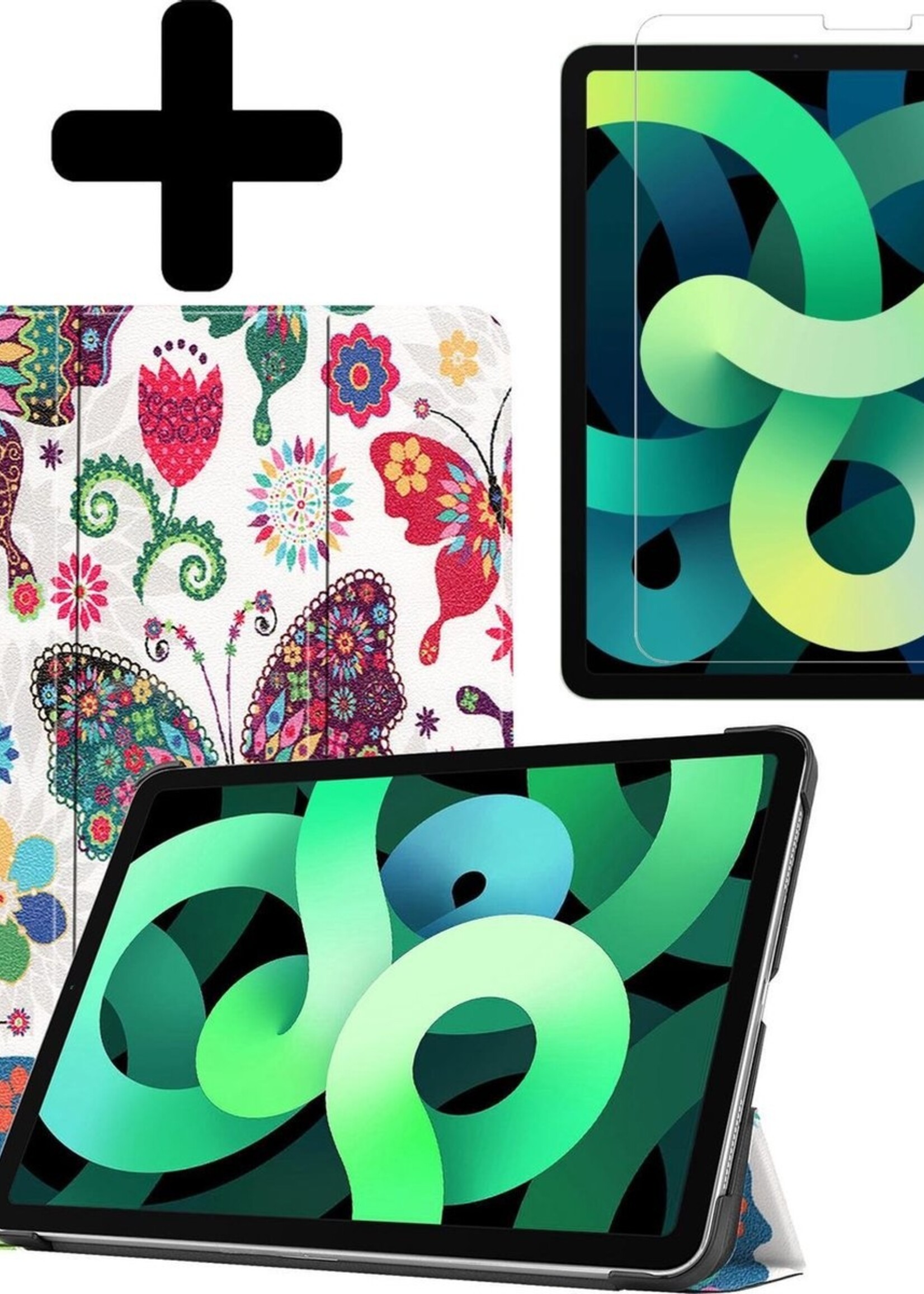 LUQ Hoes Geschikt voor iPad Air 2020 Hoes Luxe Hoesje Book Case Met Screenprotector - Hoesje Geschikt voor iPad Air 4 2020 Hoes Cover - Vlinders