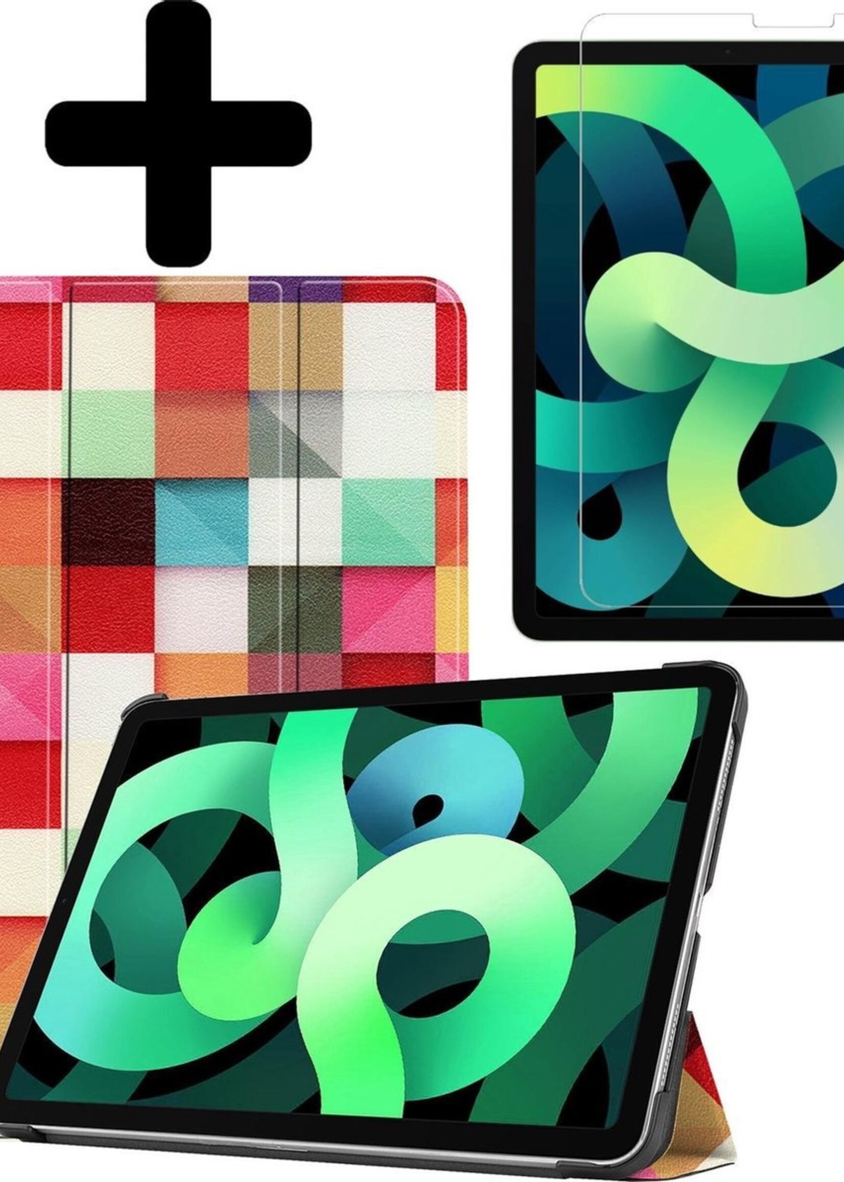 LUQ Hoes Geschikt voor iPad Air 2020 Hoes Luxe Hoesje Book Case Met Screenprotector - Hoesje Geschikt voor iPad Air 4 2020 Hoes Cover - Blokken