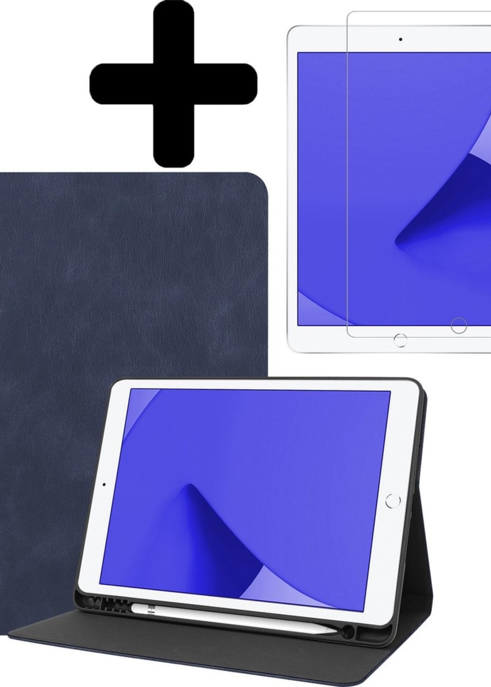 LUQ Hoes Geschikt voor iPad 10.2 2020 Hoes Luxe Hoesje Book Case Cover Met Uitsparing Geschikt voor Apple Pencil Met Screenprotector - Hoesje Geschikt voor iPad 8 Hoesje Bookcase - Donkerblauw