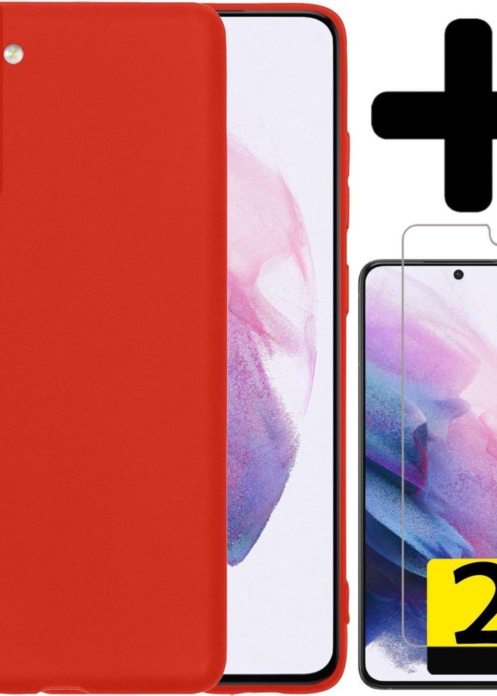LUQ Hoesje Geschikt voor Samsung S21 Hoesje Siliconen Case Met 2x Screenprotector - Hoes Geschikt voor Samsung Galaxy S21 Hoes Siliconen - Rood