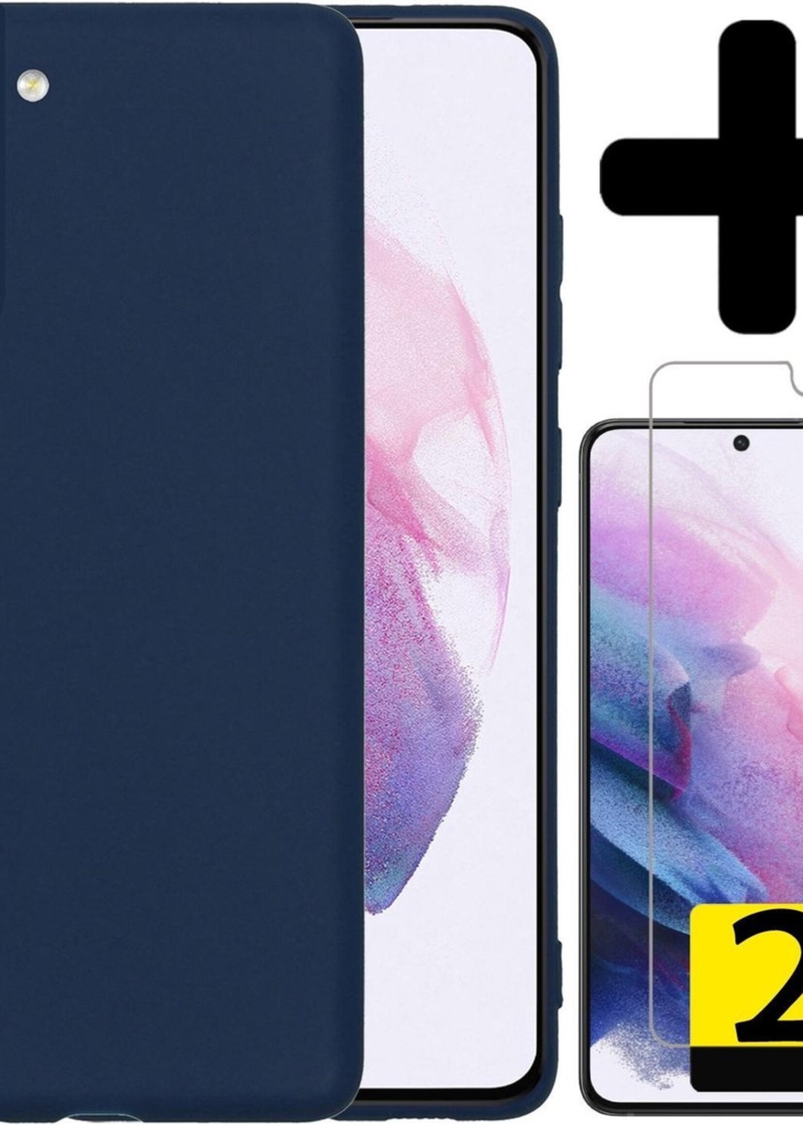LUQ Hoesje Geschikt voor Samsung S21 Hoesje Siliconen Case Met 2x Screenprotector - Hoes Geschikt voor Samsung Galaxy S21 Hoes Siliconen - Donkerblauw