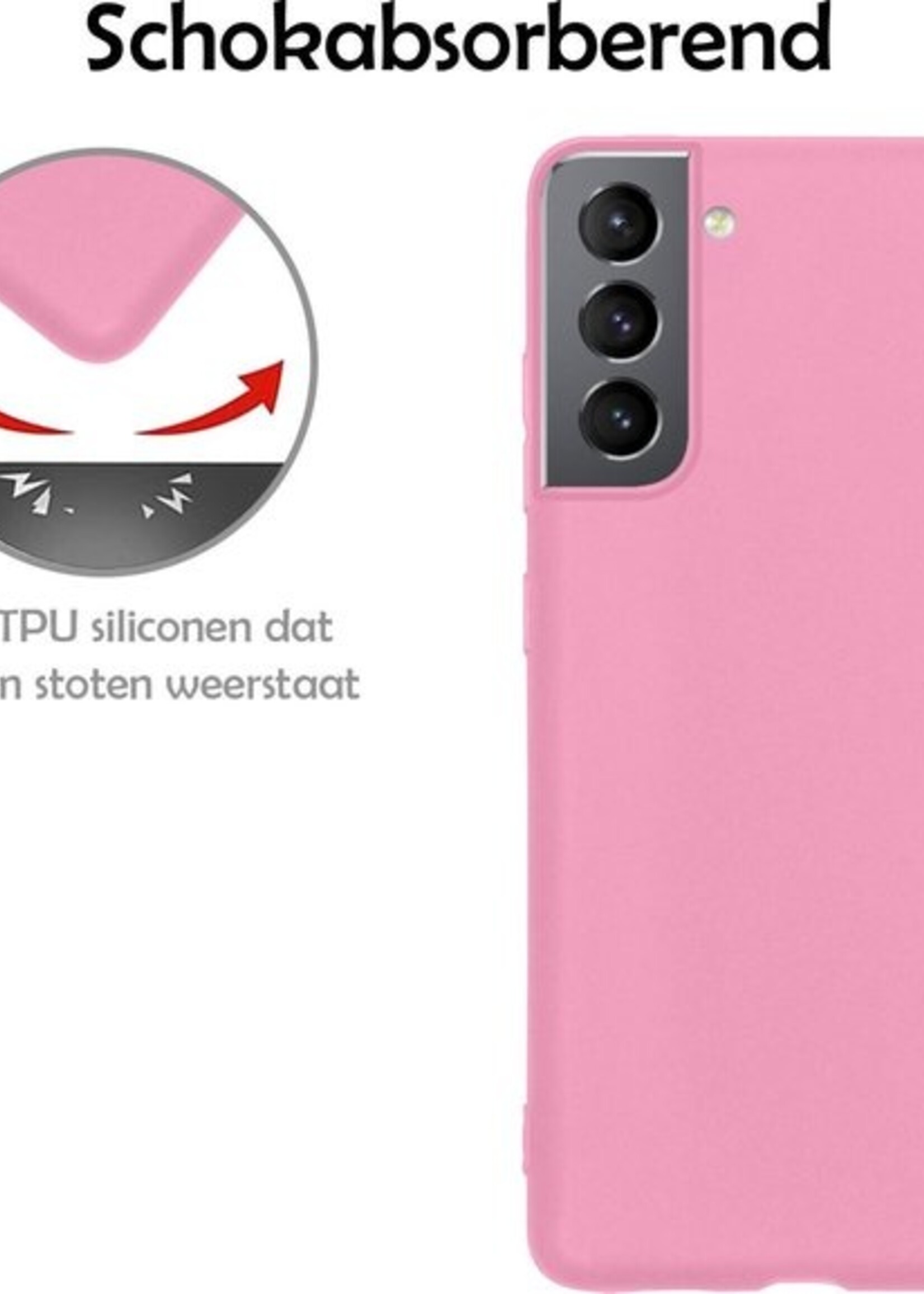 LUQ Hoesje Geschikt voor Samsung S21 Hoesje Siliconen Case Met 2x Screenprotector - Hoes Geschikt voor Samsung Galaxy S21 Hoes Siliconen - Roze