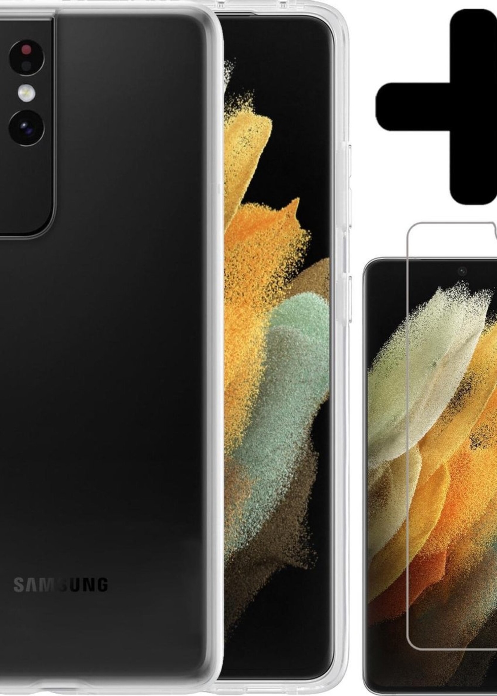 LUQ Hoesje Geschikt voor Samsung S21 Ultra Hoesje Siliconen Case Met Screenprotector - Hoes Geschikt voor Samsung Galaxy S21 Ultra Hoes Siliconen - Transparant