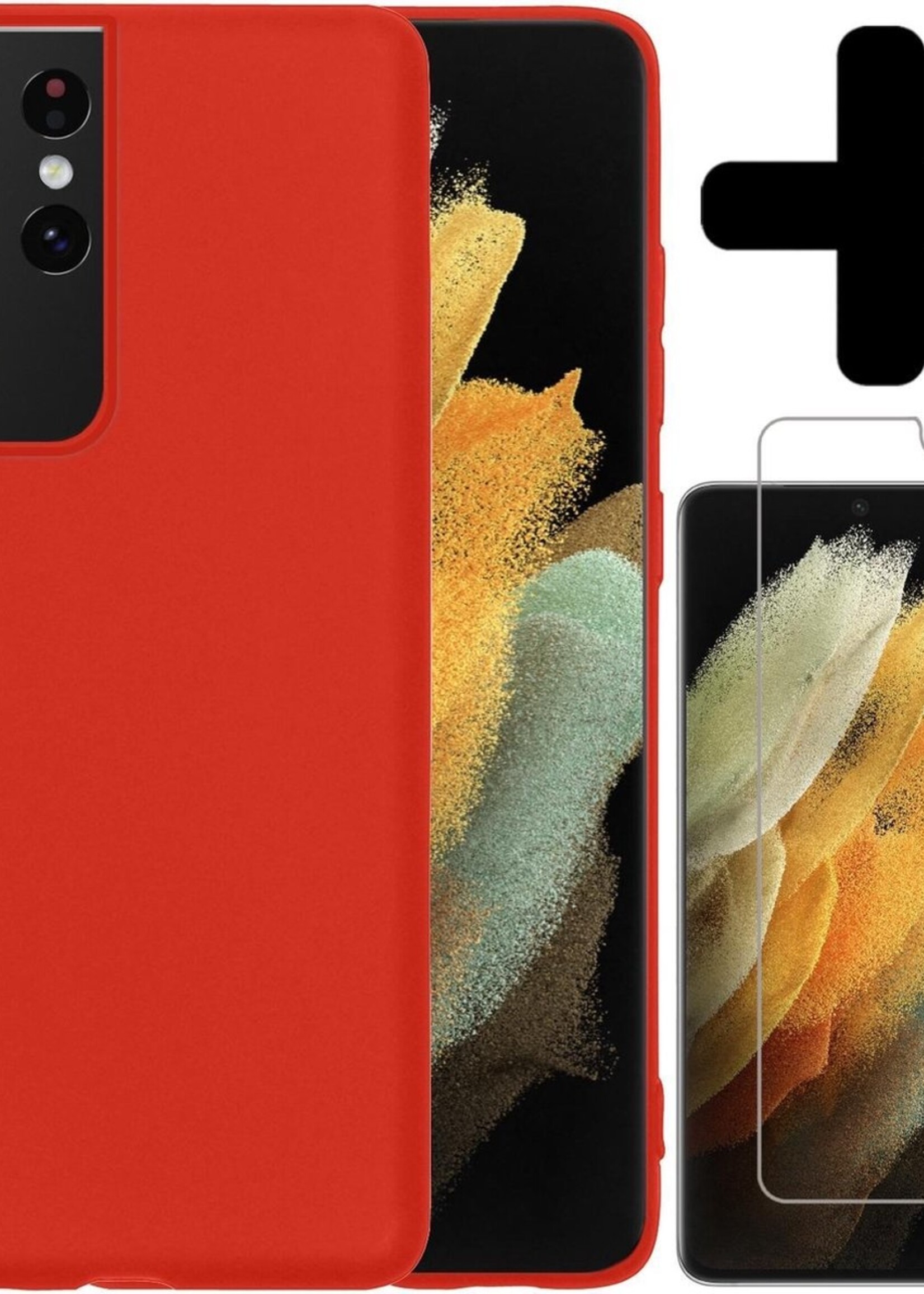 LUQ Hoesje Geschikt voor Samsung S21 Ultra Hoesje Siliconen Case Met Screenprotector - Hoes Geschikt voor Samsung Galaxy S21 Ultra Hoes Siliconen - Rood