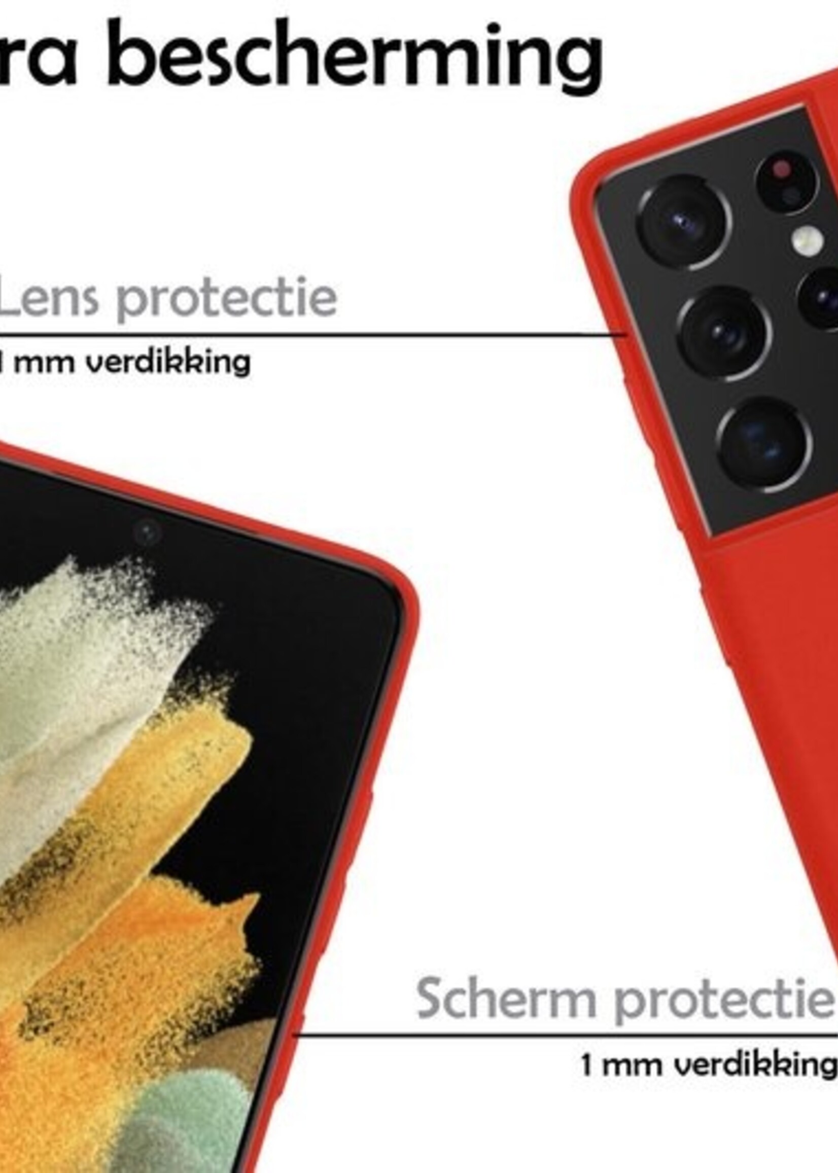 LUQ Hoesje Geschikt voor Samsung S21 Ultra Hoesje Siliconen Case Met Screenprotector - Hoes Geschikt voor Samsung Galaxy S21 Ultra Hoes Siliconen - Rood