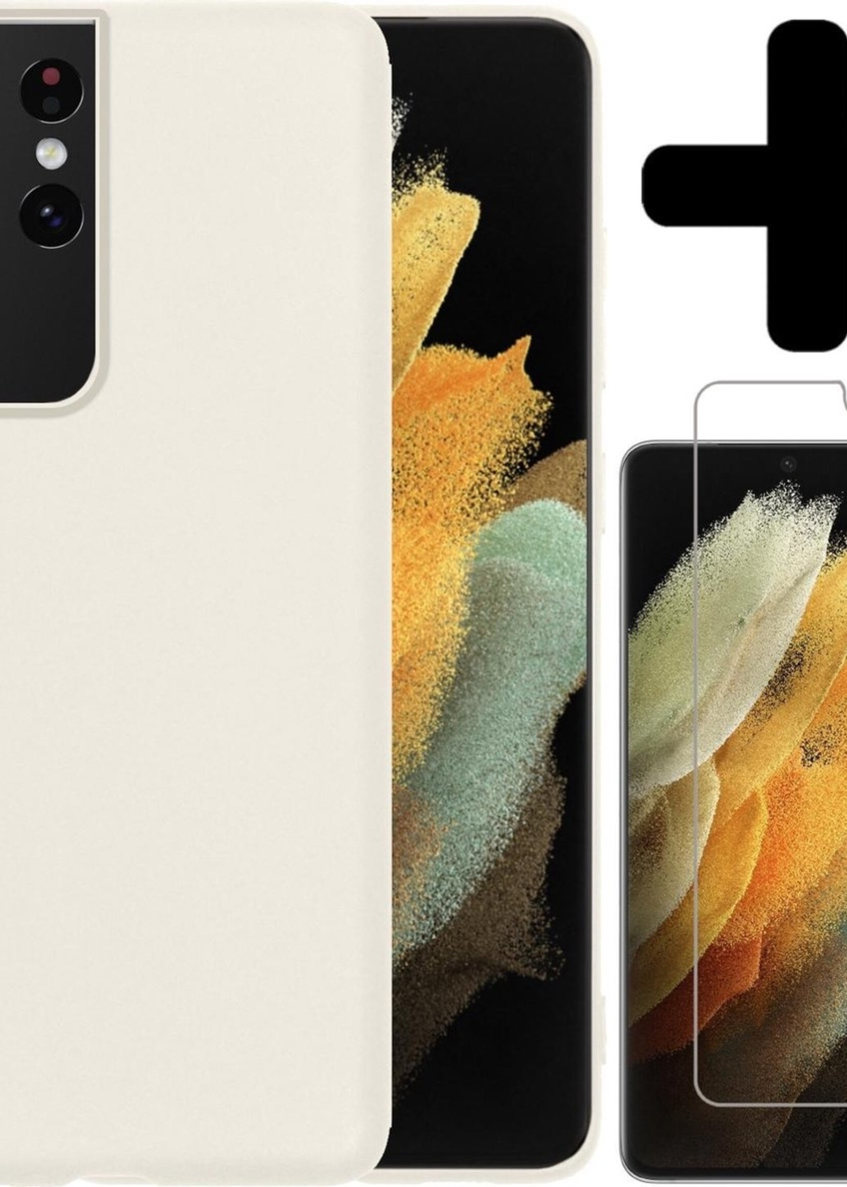 LUQ Hoesje Geschikt voor Samsung S21 Ultra Hoesje Siliconen Case Met Screenprotector - Hoes Geschikt voor Samsung Galaxy S21 Ultra Hoes Siliconen - Wit