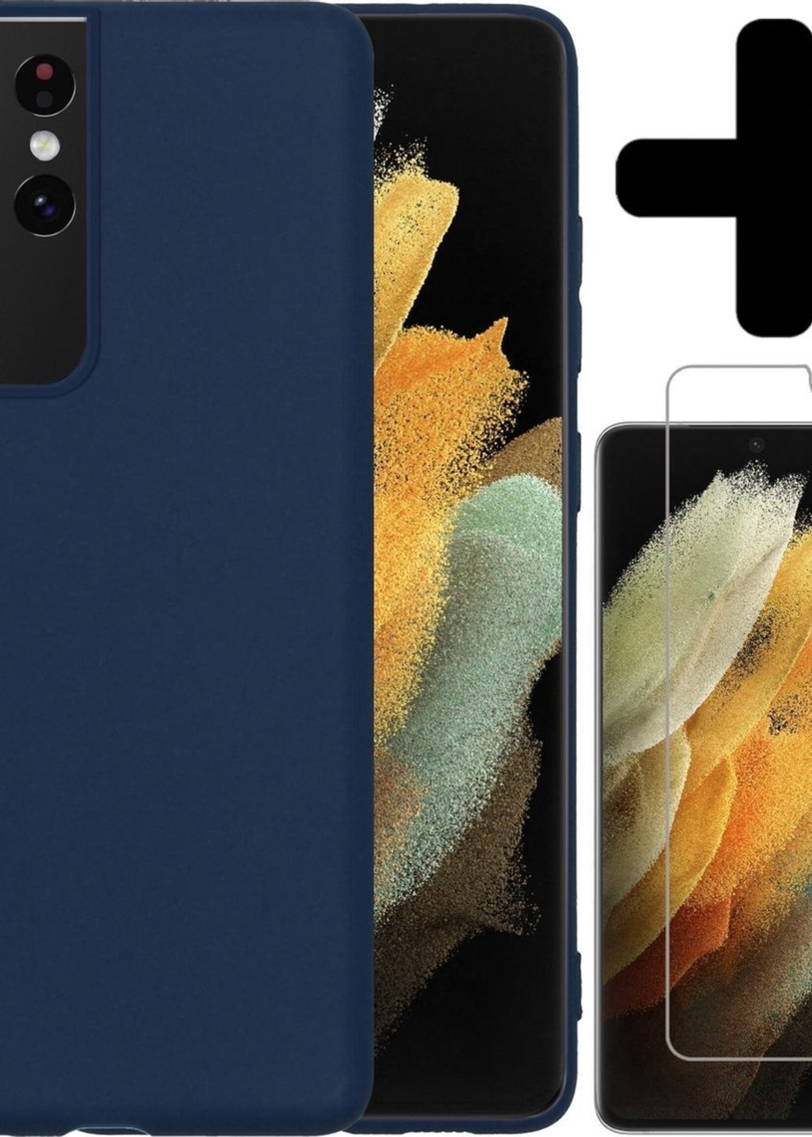 LUQ Hoesje Geschikt voor Samsung S21 Ultra Hoesje Siliconen Case Met Screenprotector - Hoes Geschikt voor Samsung Galaxy S21 Ultra Hoes Siliconen - Donkerblauw