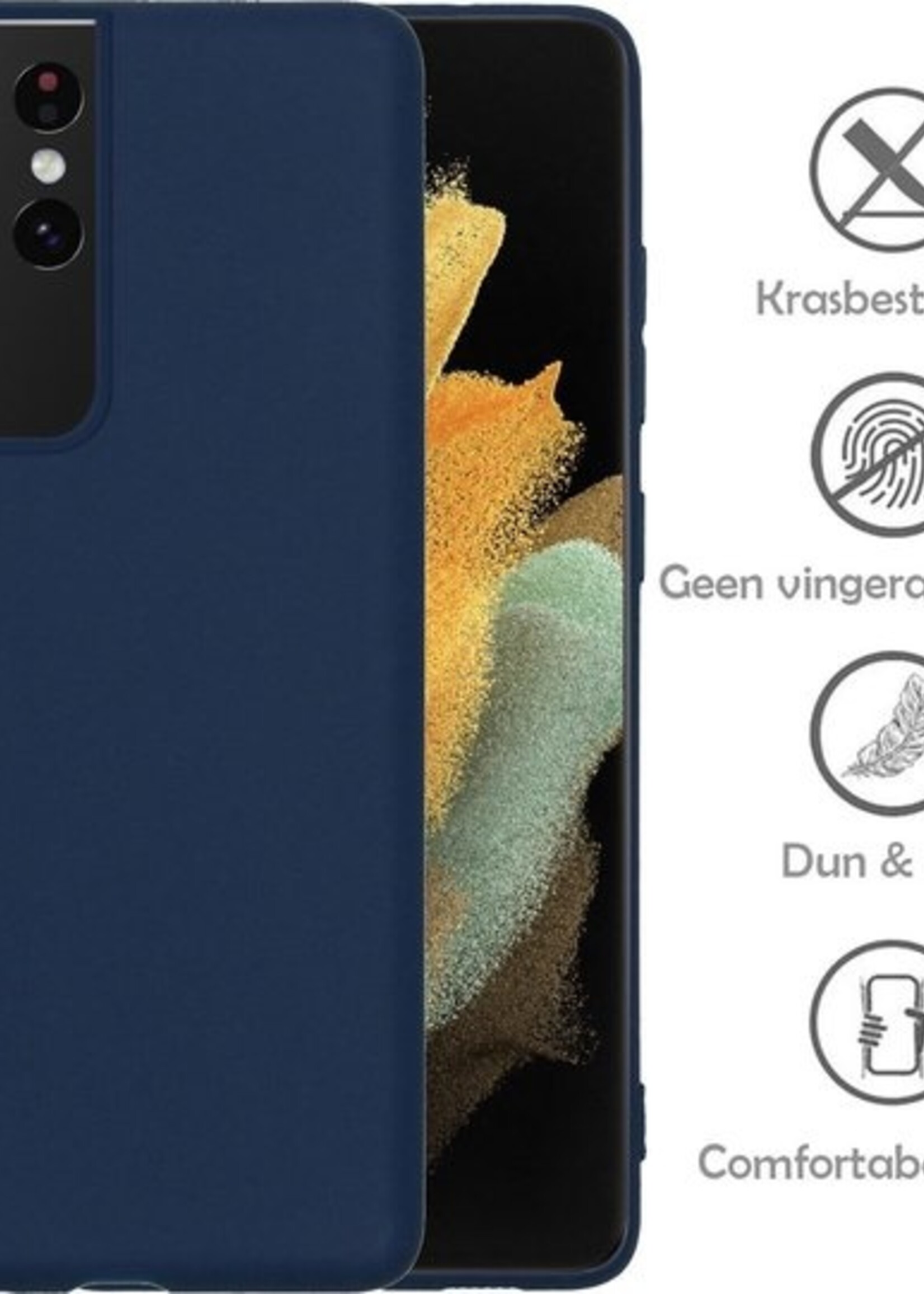 LUQ Hoesje Geschikt voor Samsung S21 Ultra Hoesje Siliconen Case Met Screenprotector - Hoes Geschikt voor Samsung Galaxy S21 Ultra Hoes Siliconen - Donkerblauw