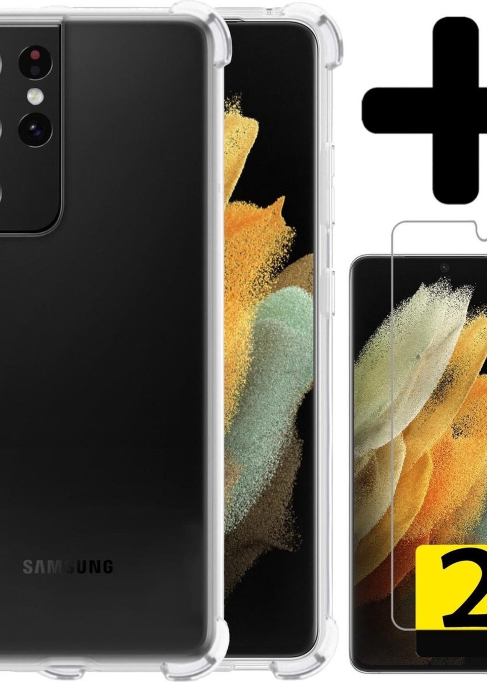 LUQ Hoesje Geschikt voor Samsung S21 Ultra Hoesje Shockproof Case Siliconen Met 2x Screenprotector - Hoes Geschikt voor Samsung Galaxy S21 Ultra Hoes Cover Siliconen - Transparant