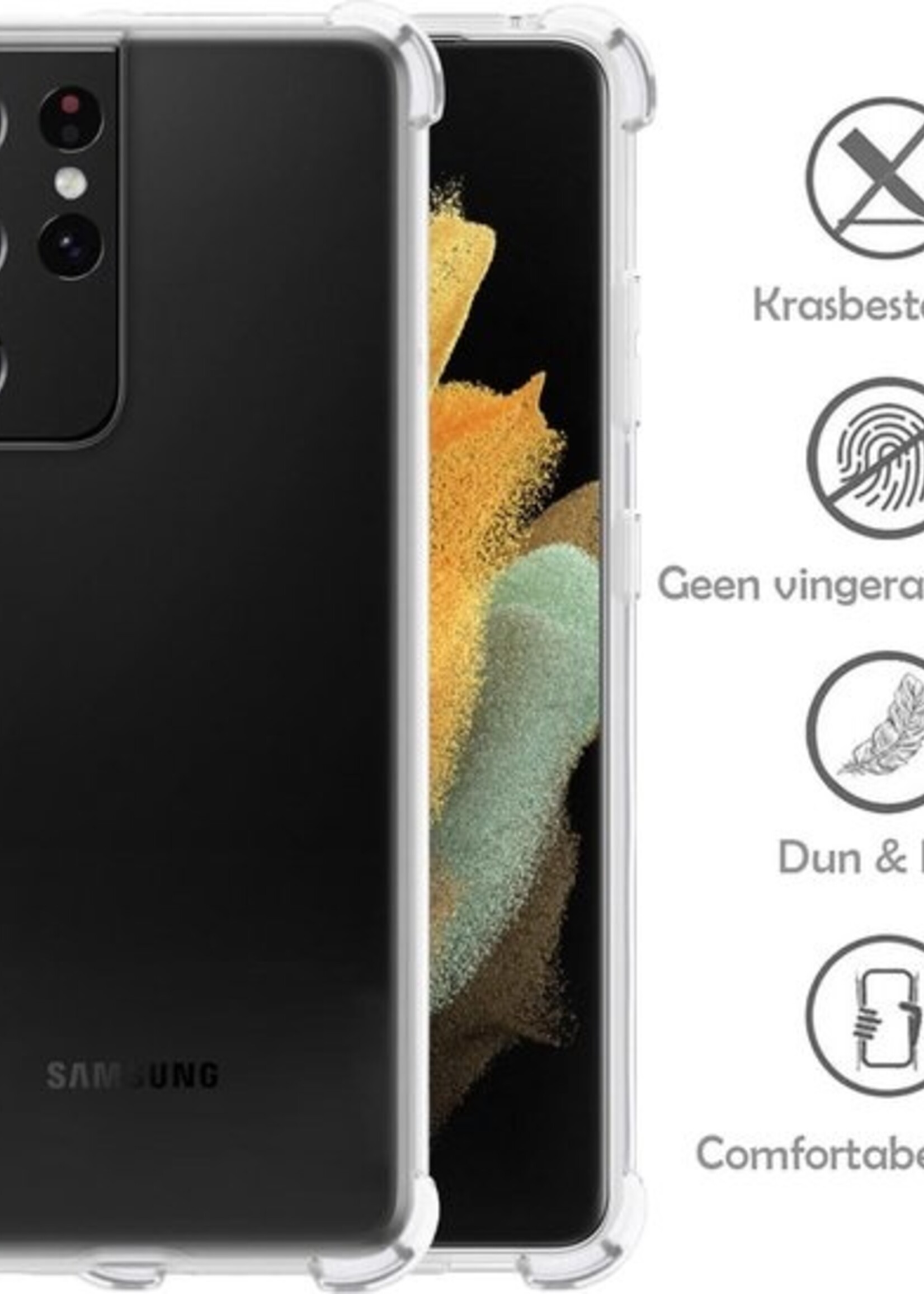 LUQ Hoesje Geschikt voor Samsung S21 Ultra Hoesje Shockproof Case Siliconen Met 2x Screenprotector - Hoes Geschikt voor Samsung Galaxy S21 Ultra Hoes Cover Siliconen - Transparant