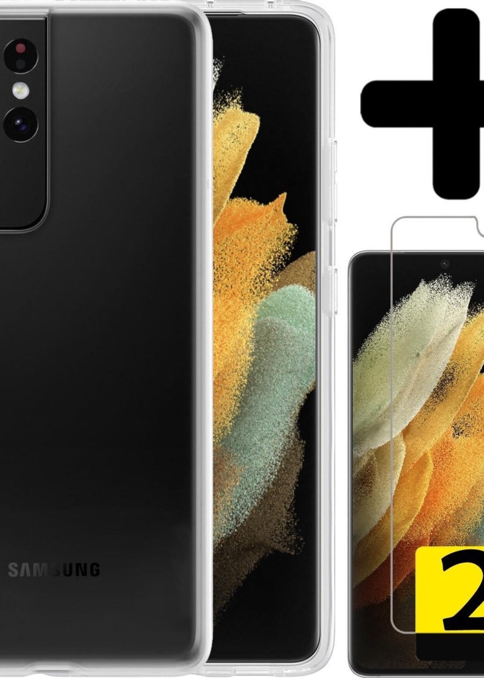 LUQ Hoesje Geschikt voor Samsung S21 Ultra Hoesje Siliconen Case Met 2x Screenprotector - Hoes Geschikt voor Samsung Galaxy S21 Ultra Hoes Siliconen - Transparant