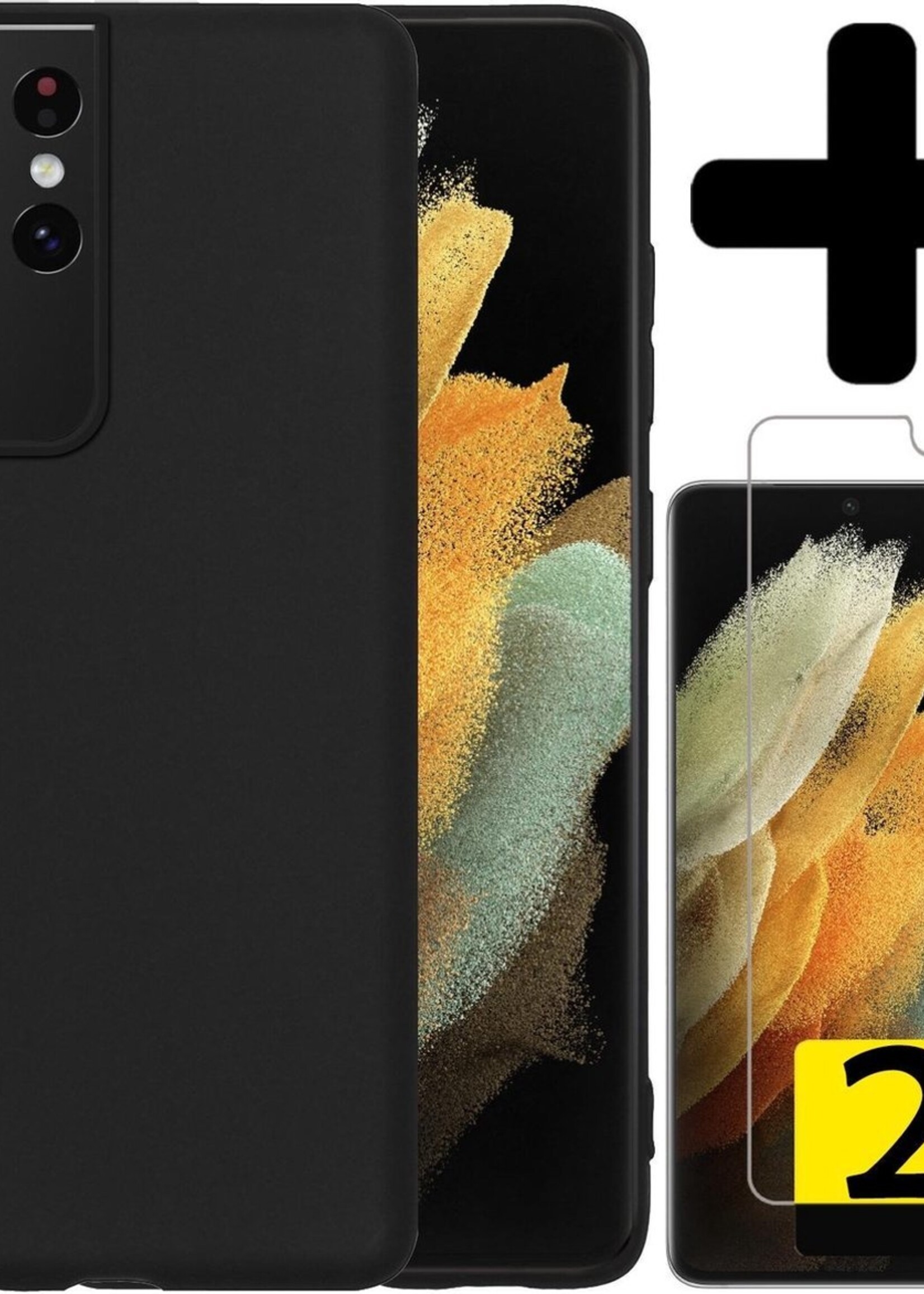 LUQ Hoesje Geschikt voor Samsung S21 Ultra Hoesje Siliconen Case Met 2x Screenprotector - Hoes Geschikt voor Samsung Galaxy S21 Ultra Hoes Siliconen - Zwart