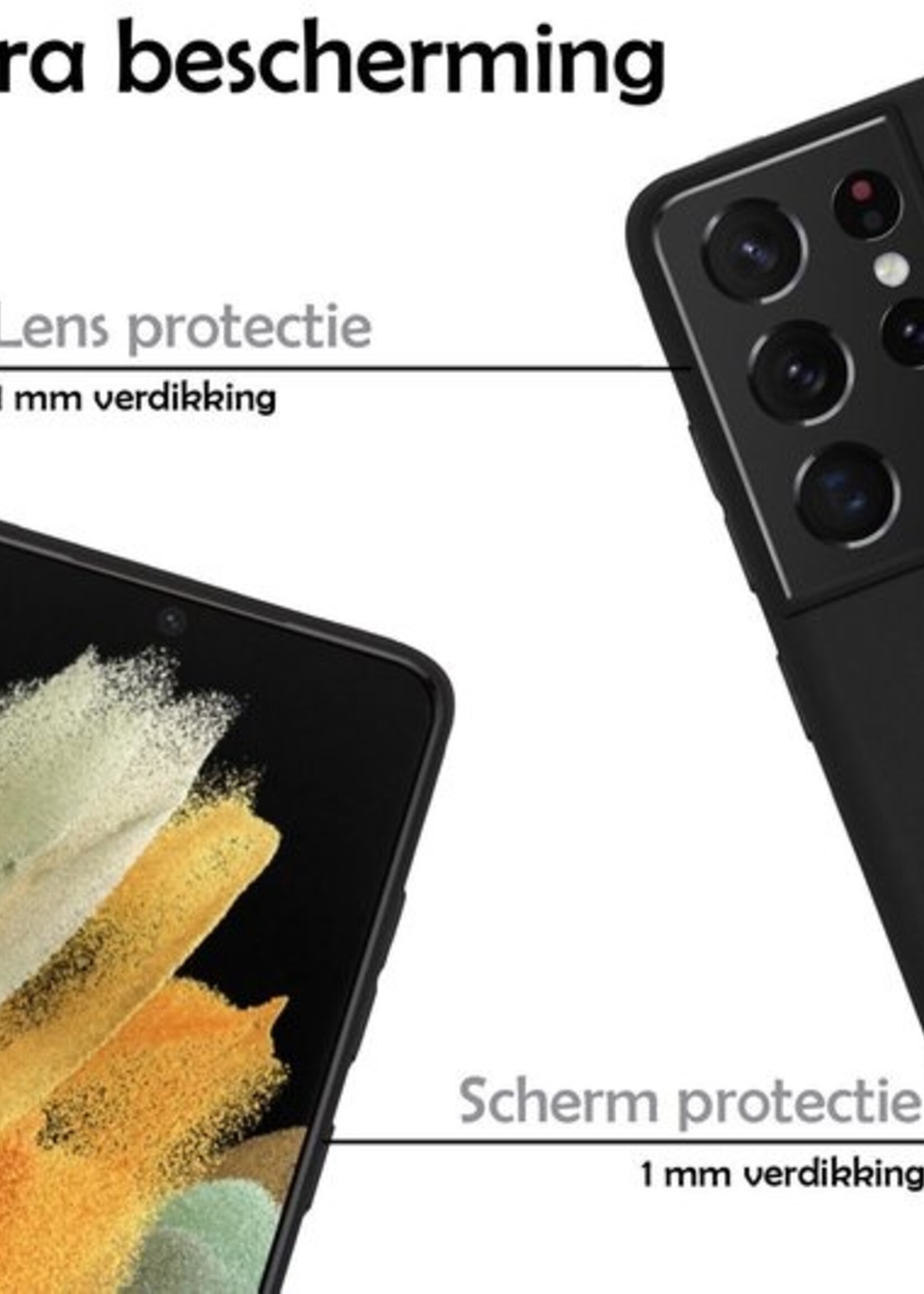 LUQ Hoesje Geschikt voor Samsung S21 Ultra Hoesje Siliconen Case Met 2x Screenprotector - Hoes Geschikt voor Samsung Galaxy S21 Ultra Hoes Siliconen - Zwart