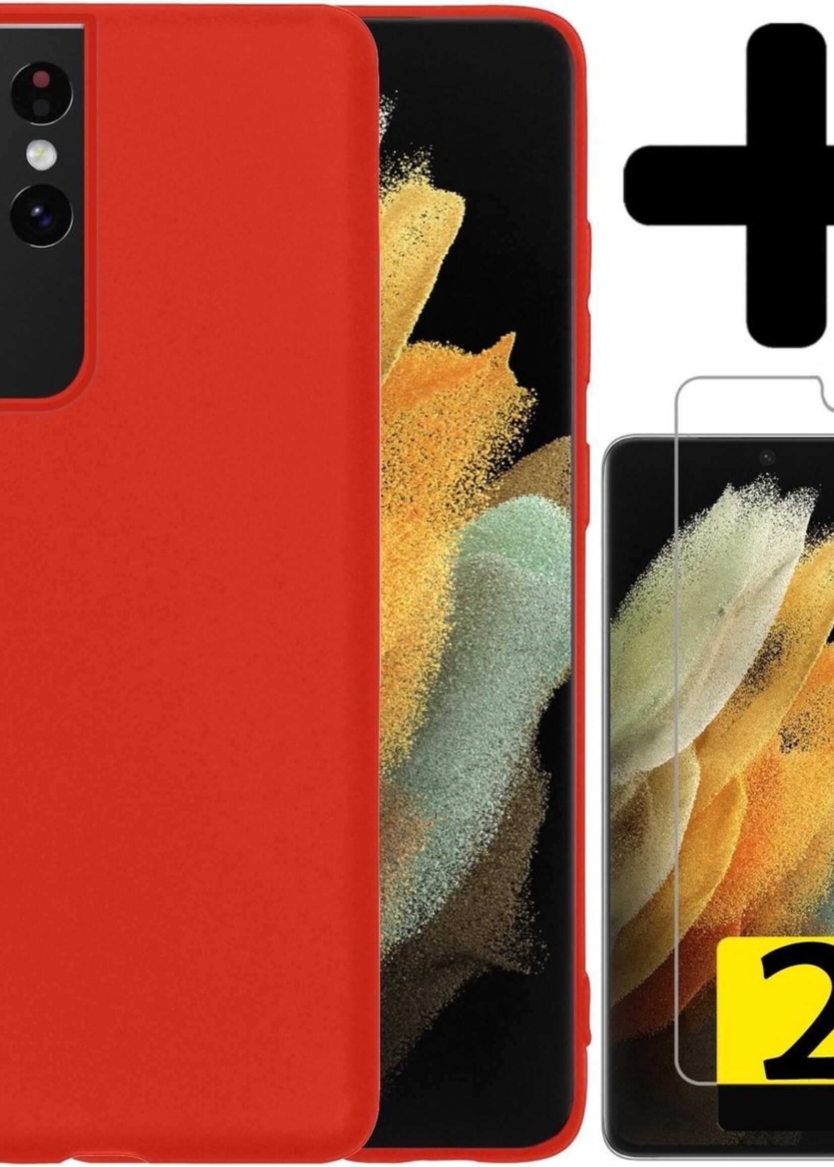 LUQ Hoesje Geschikt voor Samsung S21 Ultra Hoesje Siliconen Case Met 2x Screenprotector - Hoes Geschikt voor Samsung Galaxy S21 Ultra Hoes Siliconen - Rood