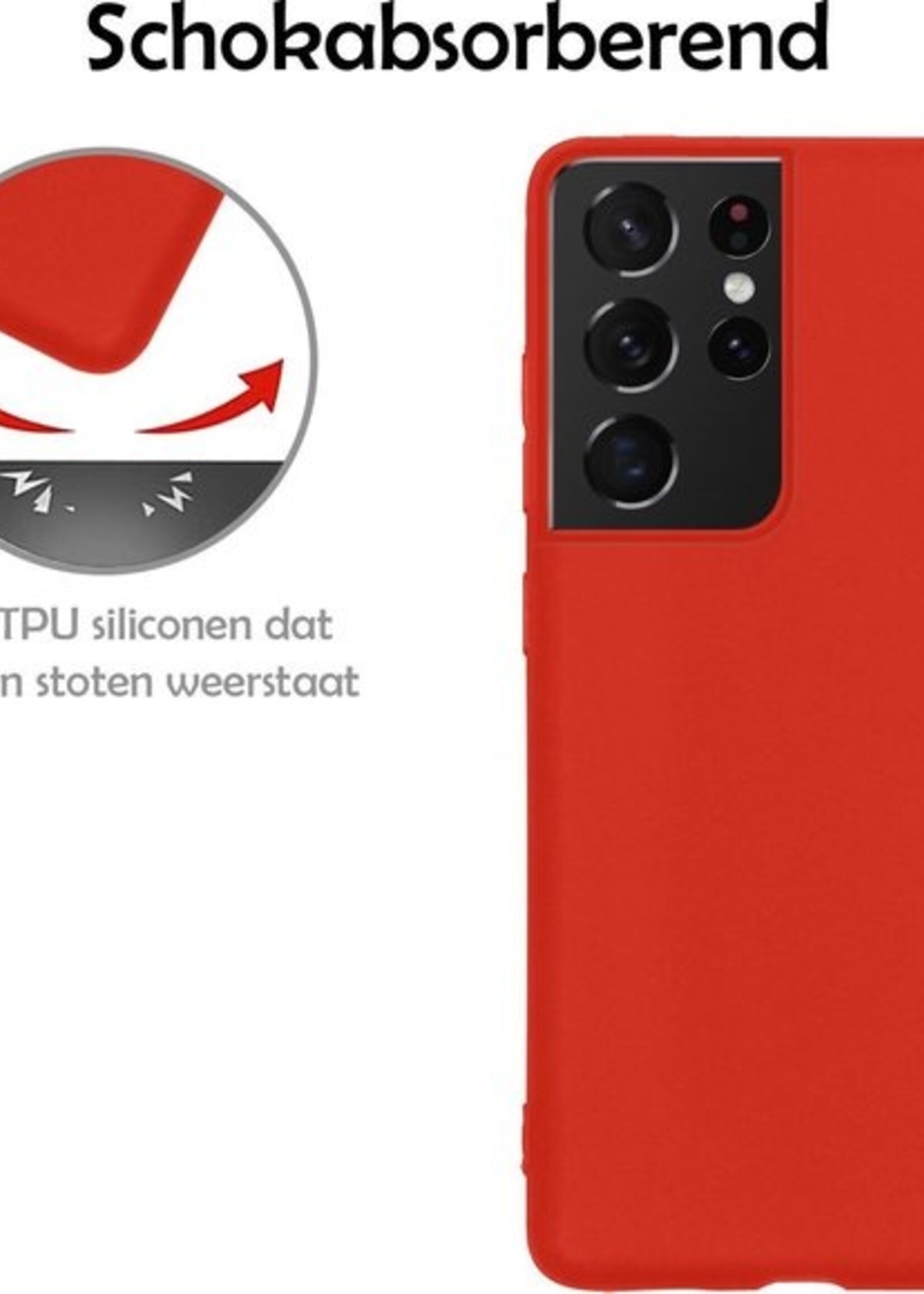 LUQ Hoesje Geschikt voor Samsung S21 Ultra Hoesje Siliconen Case Met 2x Screenprotector - Hoes Geschikt voor Samsung Galaxy S21 Ultra Hoes Siliconen - Rood