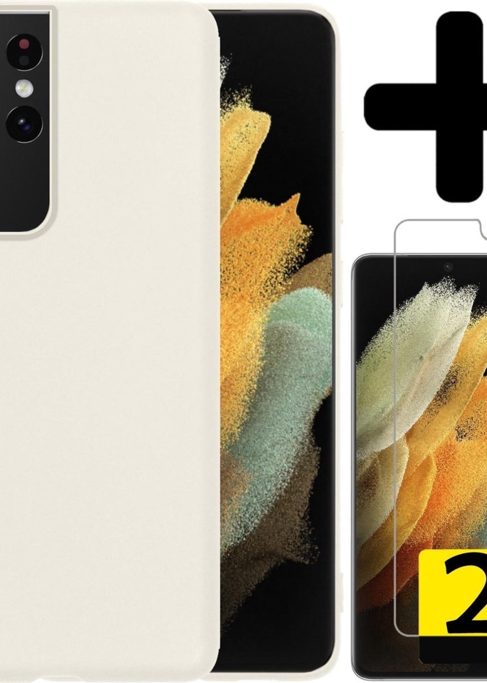 LUQ Hoesje Geschikt voor Samsung S21 Ultra Hoesje Siliconen Case Met 2x Screenprotector - Hoes Geschikt voor Samsung Galaxy S21 Ultra Hoes Siliconen - Wit