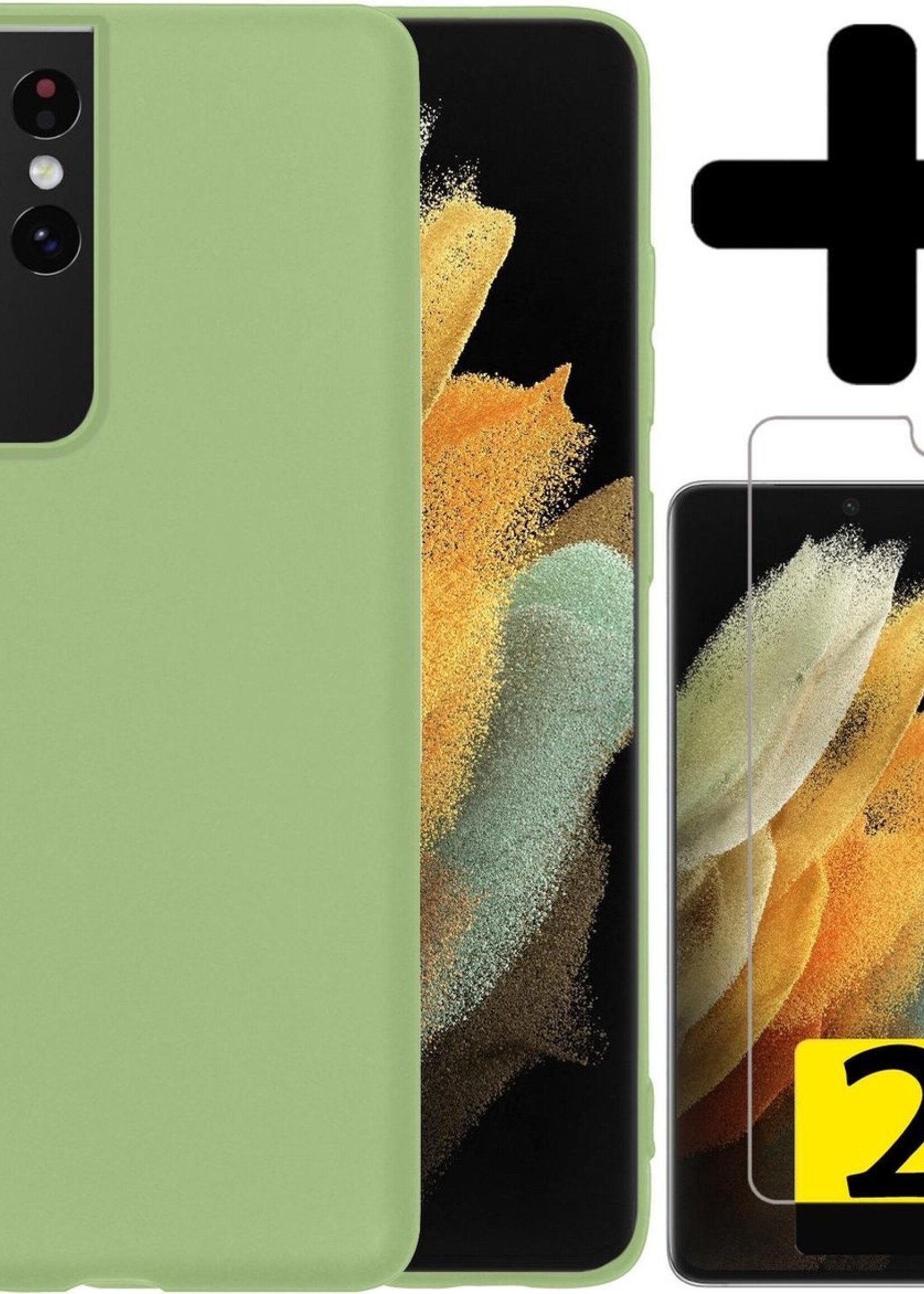LUQ Hoesje Geschikt voor Samsung S21 Ultra Hoesje Siliconen Case Met 2x Screenprotector - Hoes Geschikt voor Samsung Galaxy S21 Ultra Hoes Siliconen - Groen