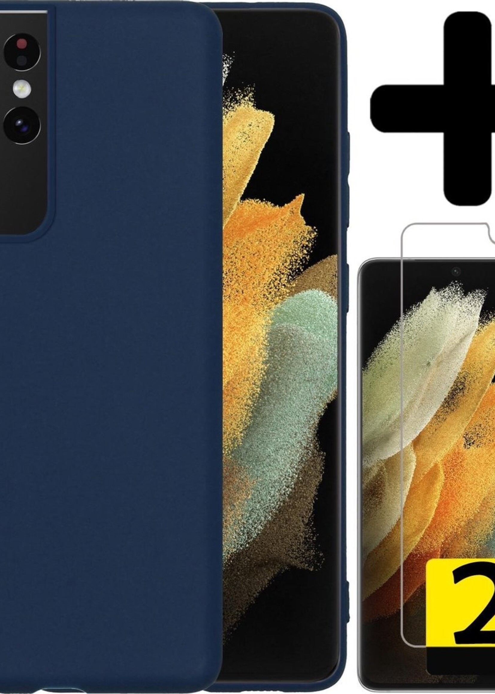 LUQ Hoesje Geschikt voor Samsung S21 Ultra Hoesje Siliconen Case Met 2x Screenprotector - Hoes Geschikt voor Samsung Galaxy S21 Ultra Hoes Siliconen - Donkerblauw
