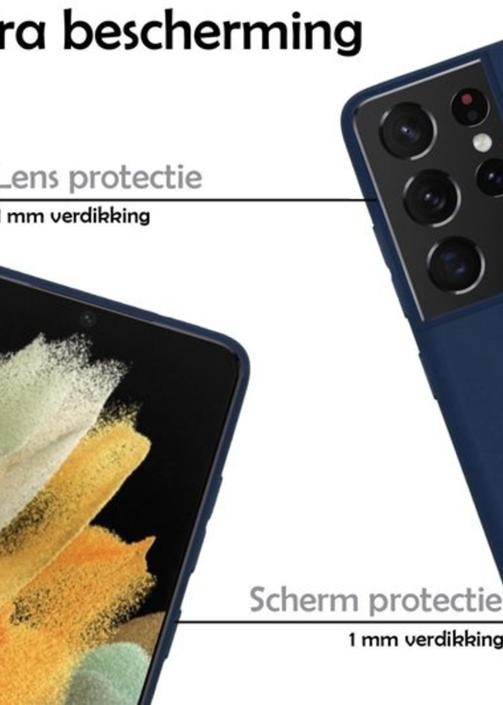 LUQ Hoesje Geschikt voor Samsung S21 Ultra Hoesje Siliconen Case Met 2x Screenprotector - Hoes Geschikt voor Samsung Galaxy S21 Ultra Hoes Siliconen - Donkerblauw