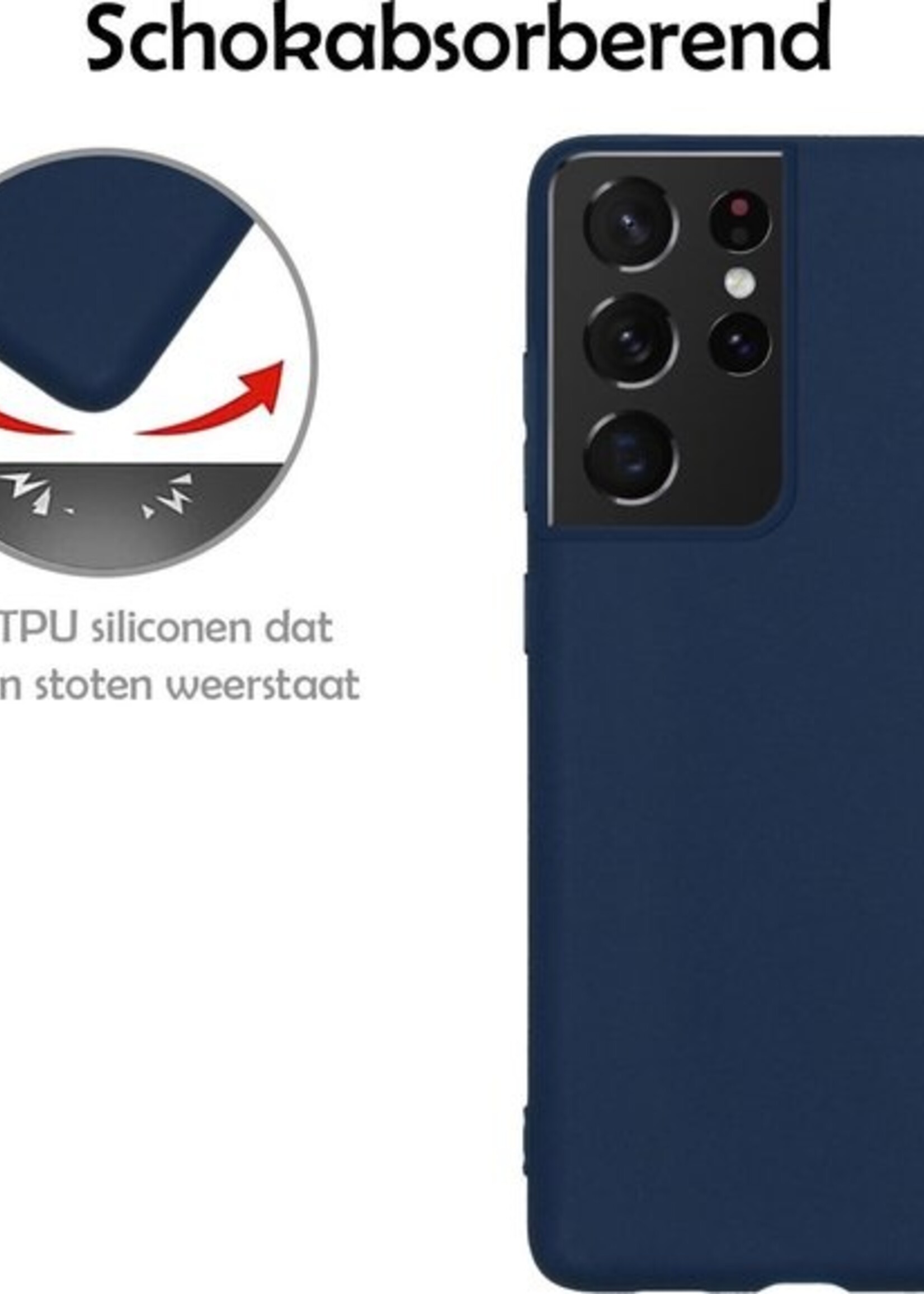 LUQ Hoesje Geschikt voor Samsung S21 Ultra Hoesje Siliconen Case Met 2x Screenprotector - Hoes Geschikt voor Samsung Galaxy S21 Ultra Hoes Siliconen - Donkerblauw