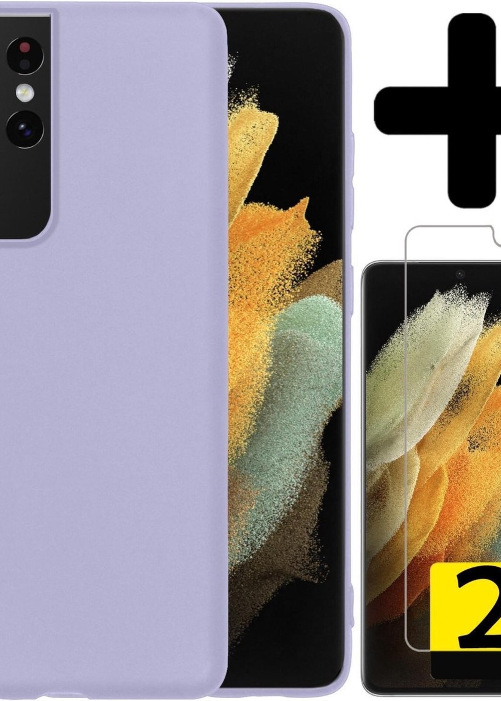 LUQ Hoesje Geschikt voor Samsung S21 Ultra Hoesje Siliconen Case Met 2x Screenprotector - Hoes Geschikt voor Samsung Galaxy S21 Ultra Hoes Siliconen - Lila