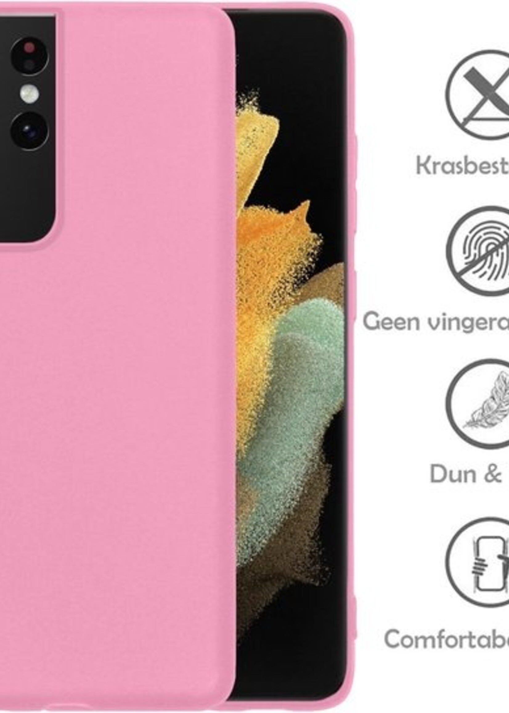LUQ Hoesje Geschikt voor Samsung S21 Ultra Hoesje Siliconen Case Met 2x Screenprotector - Hoes Geschikt voor Samsung Galaxy S21 Ultra Hoes Siliconen - Roze