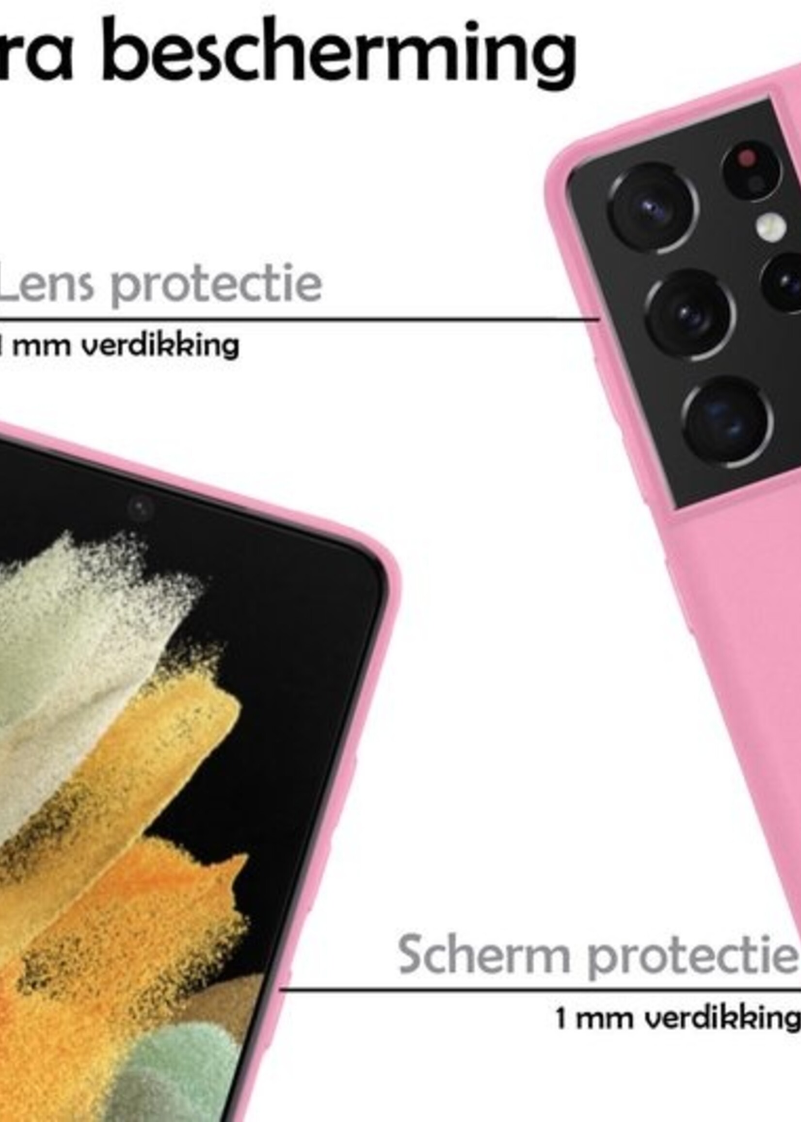 LUQ Hoesje Geschikt voor Samsung S21 Ultra Hoesje Siliconen Case Met 2x Screenprotector - Hoes Geschikt voor Samsung Galaxy S21 Ultra Hoes Siliconen - Roze