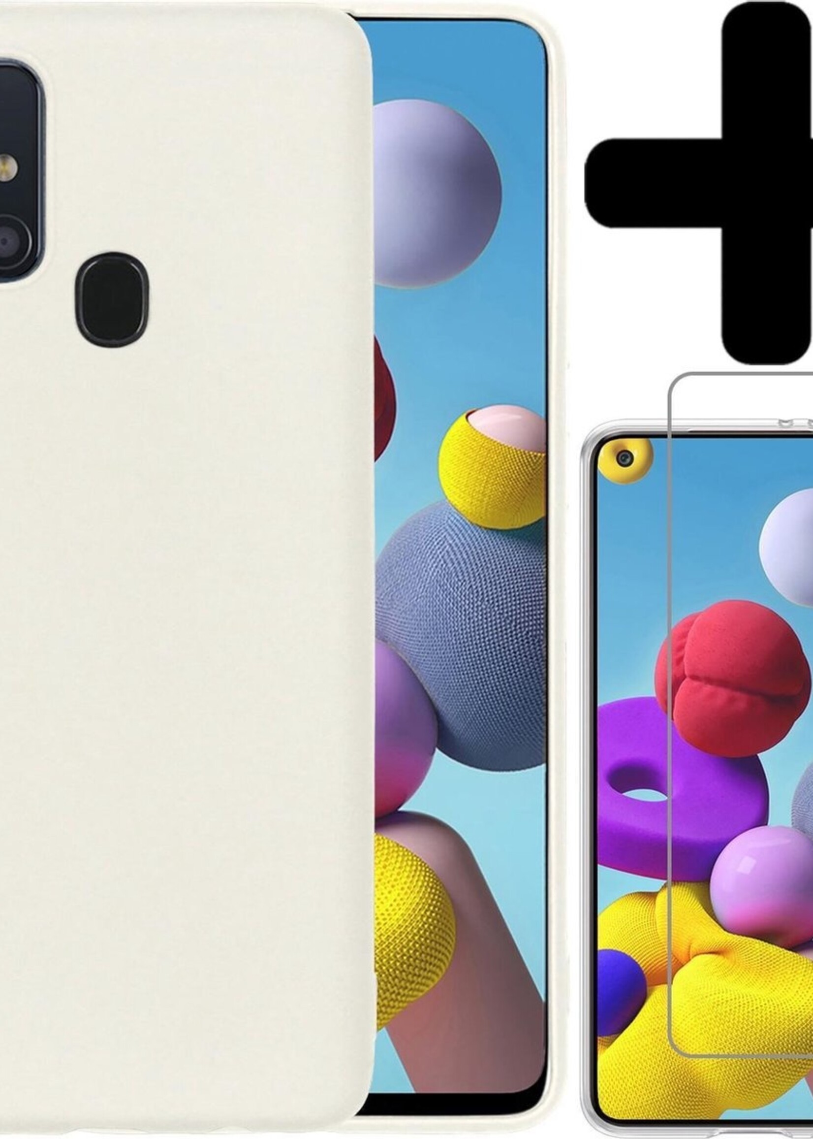 LUQ Hoesje Geschikt voor Samsung A21s Hoesje Siliconen Case Met Screenprotector - Hoes Geschikt voor Samsung Galaxy A21s Hoes Siliconen - Wit