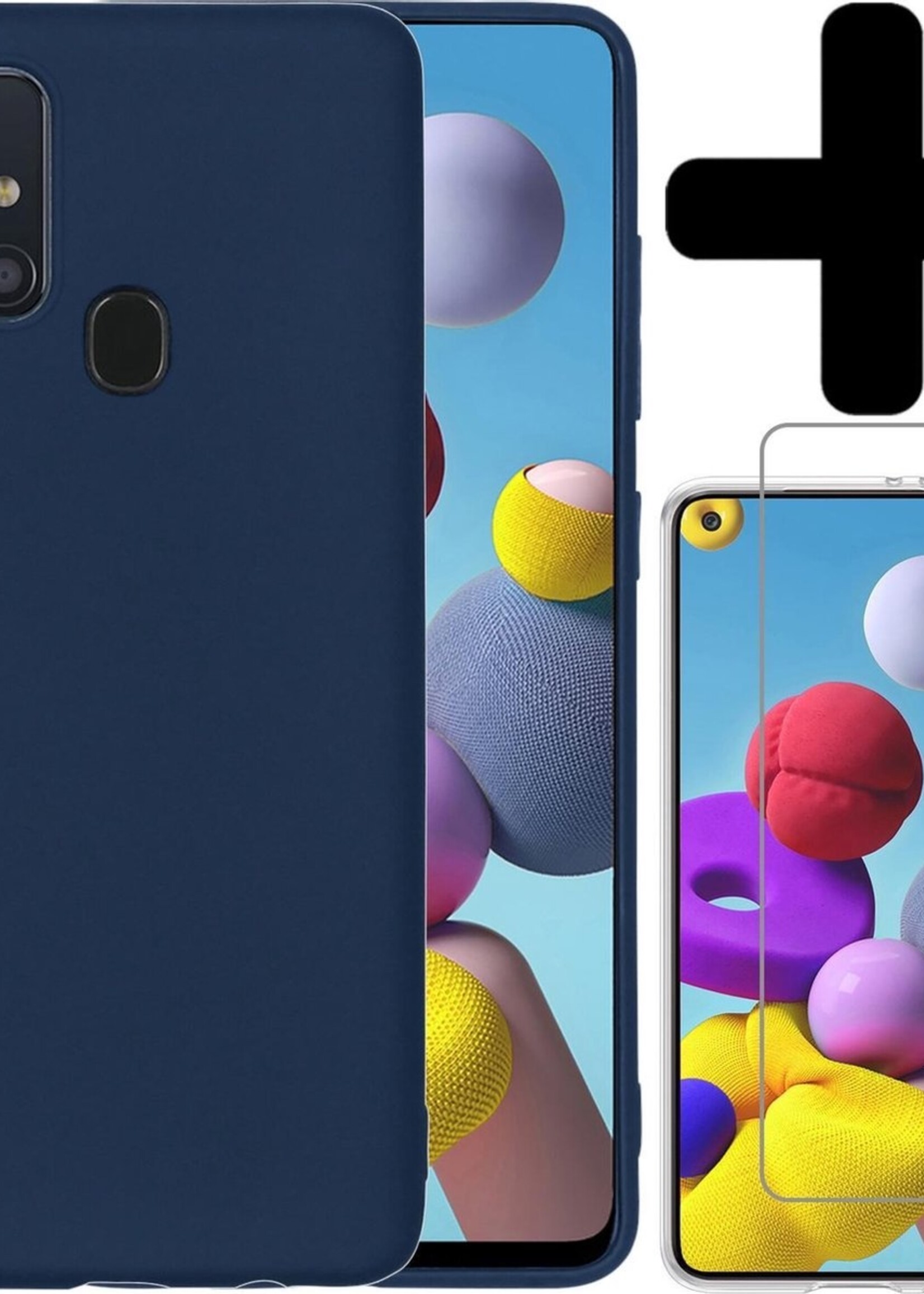 LUQ Hoesje Geschikt voor Samsung A21s Hoesje Siliconen Case Met Screenprotector - Hoes Geschikt voor Samsung Galaxy A21s Hoes Siliconen - Donkerblauw