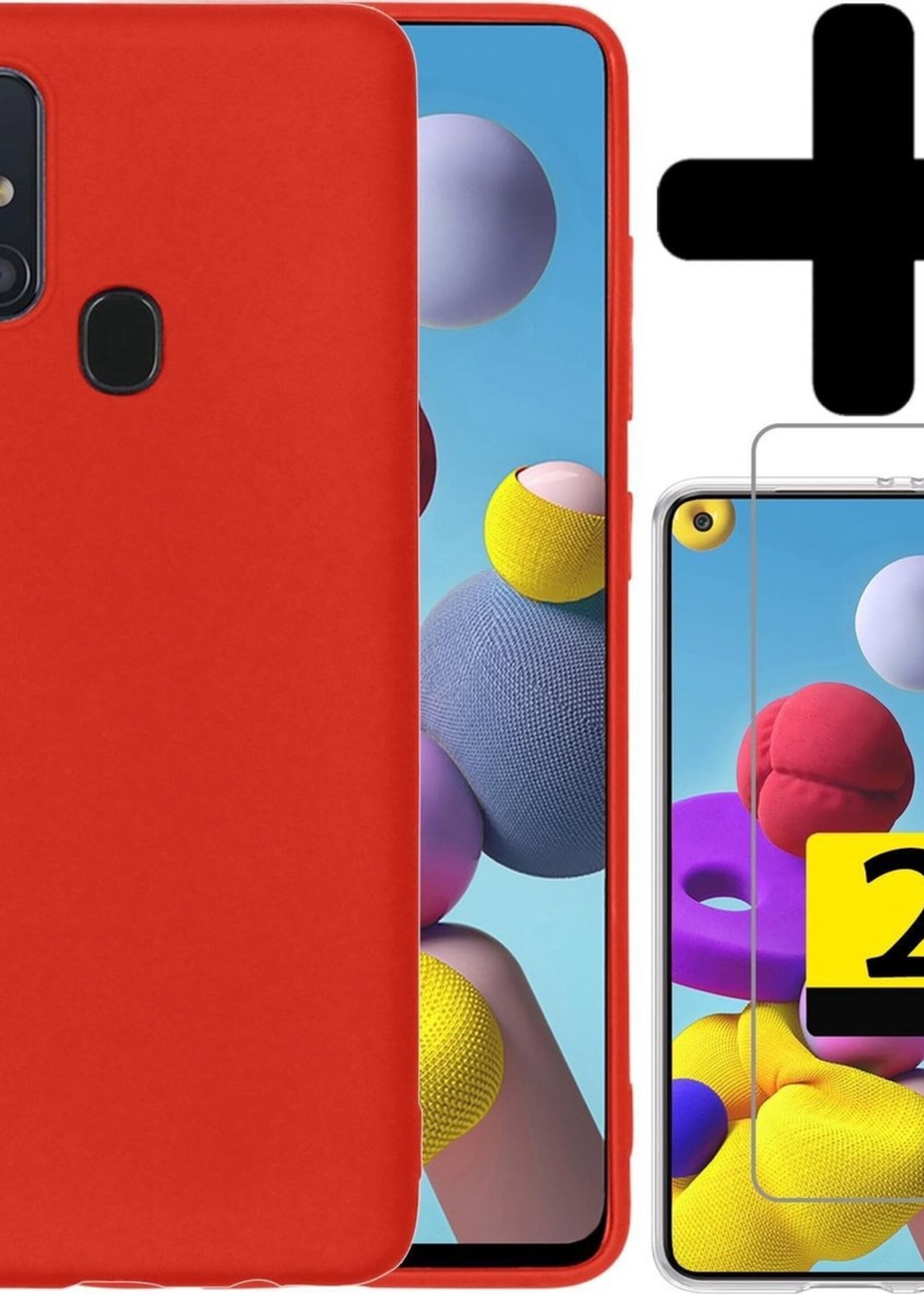 LUQ Hoesje Geschikt voor Samsung A21s Hoesje Siliconen Case Met 2x Screenprotector - Hoes Geschikt voor Samsung Galaxy A21s Hoes Siliconen - Rood