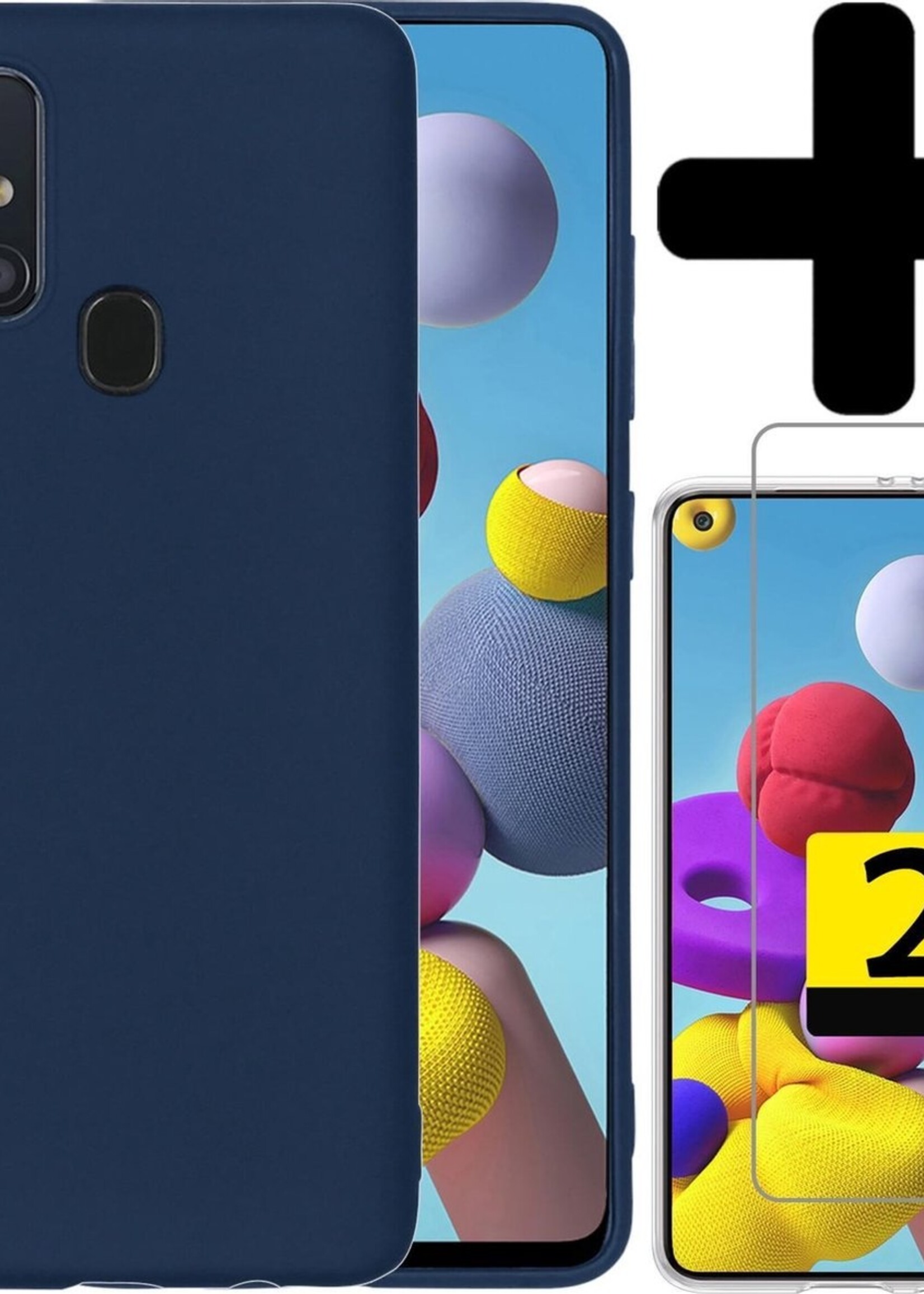 LUQ Hoesje Geschikt voor Samsung A21s Hoesje Siliconen Case Met 2x Screenprotector - Hoes Geschikt voor Samsung Galaxy A21s Hoes Siliconen - Donkerblauw