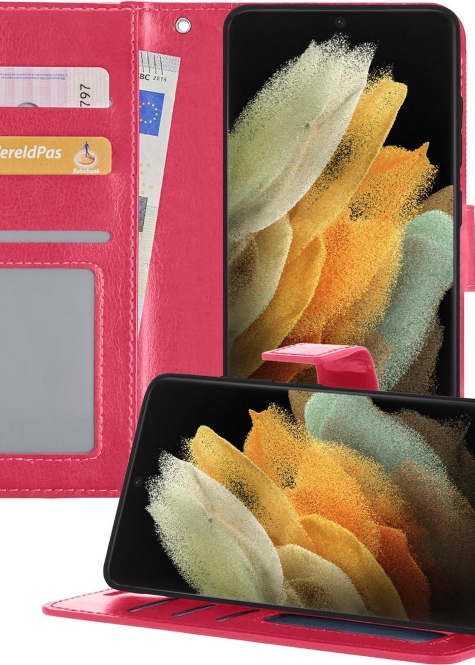 LUQ Hoesje Geschikt voor Samsung S21 Ultra Hoesje Book Case Hoes Wallet Cover - Hoes Geschikt voor Samsung Galaxy S21 Ultra Hoesje Bookcase Hoes - Donkerroze