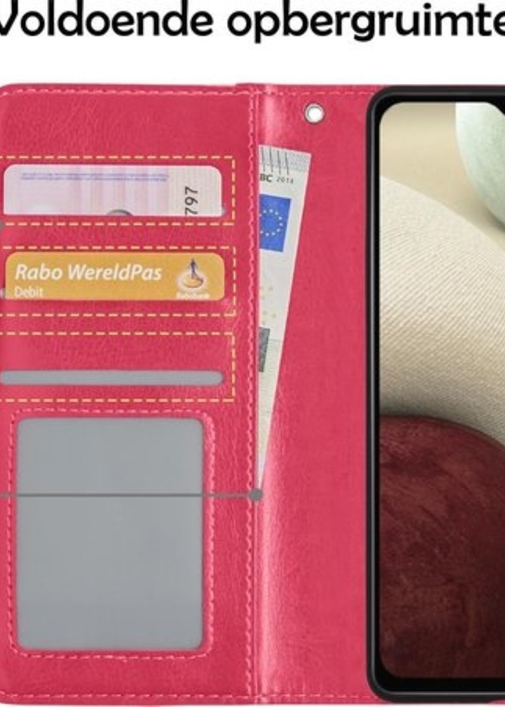 LUQ Hoesje Geschikt voor Samsung A12 Hoesje Book Case Hoes Wallet Cover Met Screenprotector - Hoes Geschikt voor Samsung Galaxy A12 Hoesje Bookcase Hoes - Donkerroze