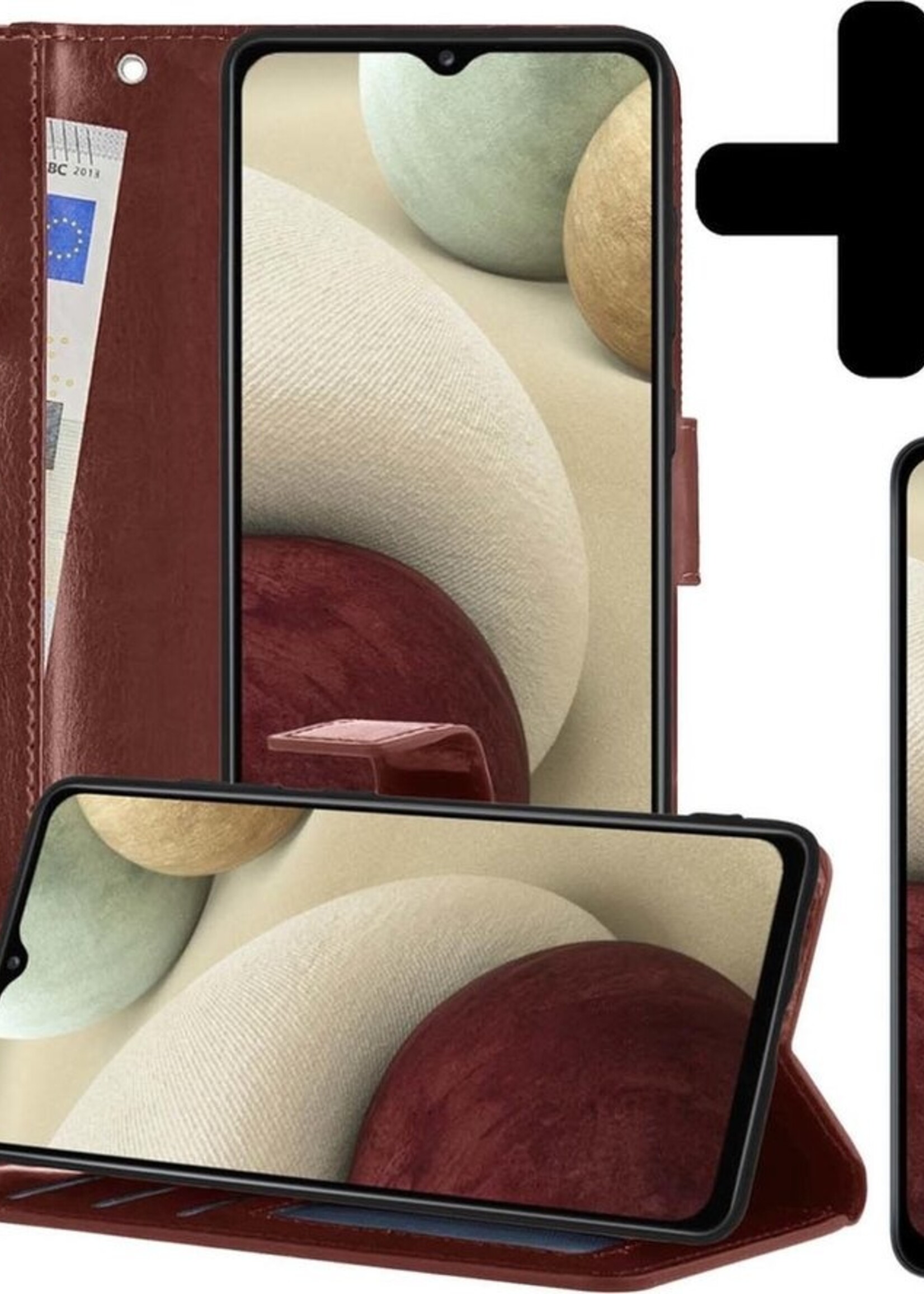 LUQ Hoesje Geschikt voor Samsung A12 Hoesje Book Case Hoes Wallet Cover Met 2x Screenprotector - Hoes Geschikt voor Samsung Galaxy A12 Hoesje Bookcase Hoes - Bruin