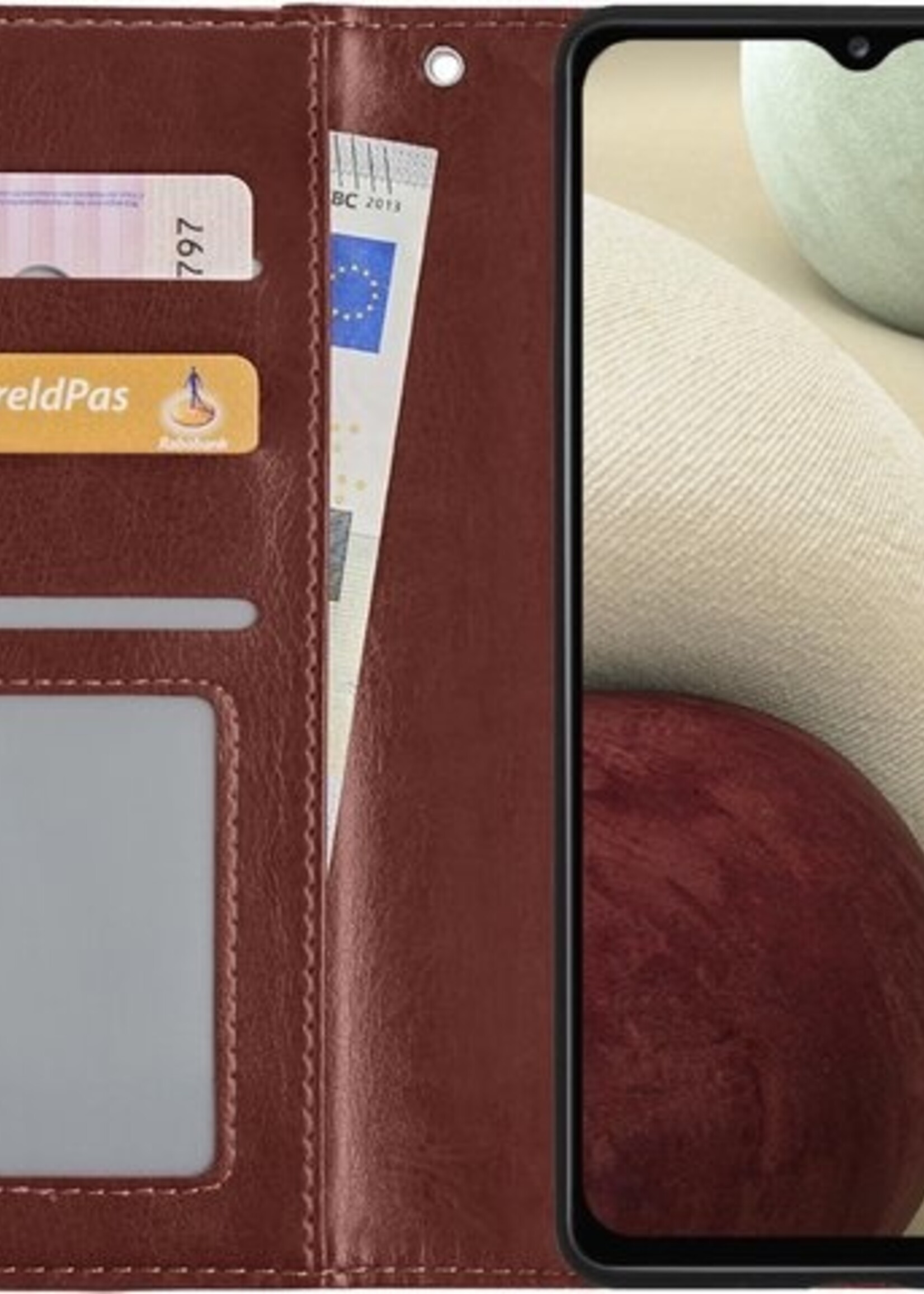 LUQ Hoesje Geschikt voor Samsung A12 Hoesje Book Case Hoes Wallet Cover Met 2x Screenprotector - Hoes Geschikt voor Samsung Galaxy A12 Hoesje Bookcase Hoes - Bruin