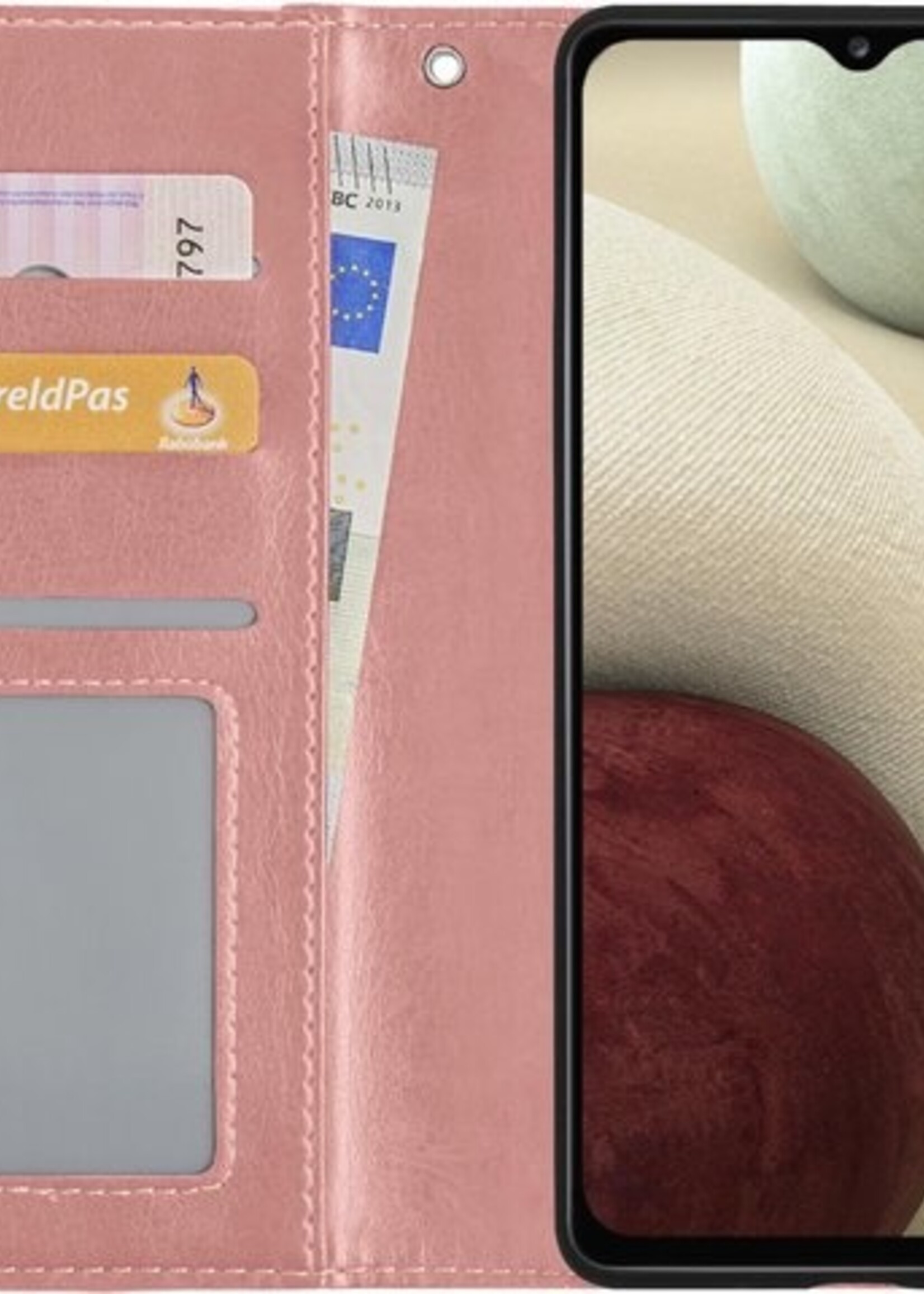 LUQ Hoesje Geschikt voor Samsung A12 Hoesje Book Case Hoes Wallet Cover Met 2x Screenprotector - Hoes Geschikt voor Samsung Galaxy A12 Hoesje Bookcase Hoes - Rosé goud