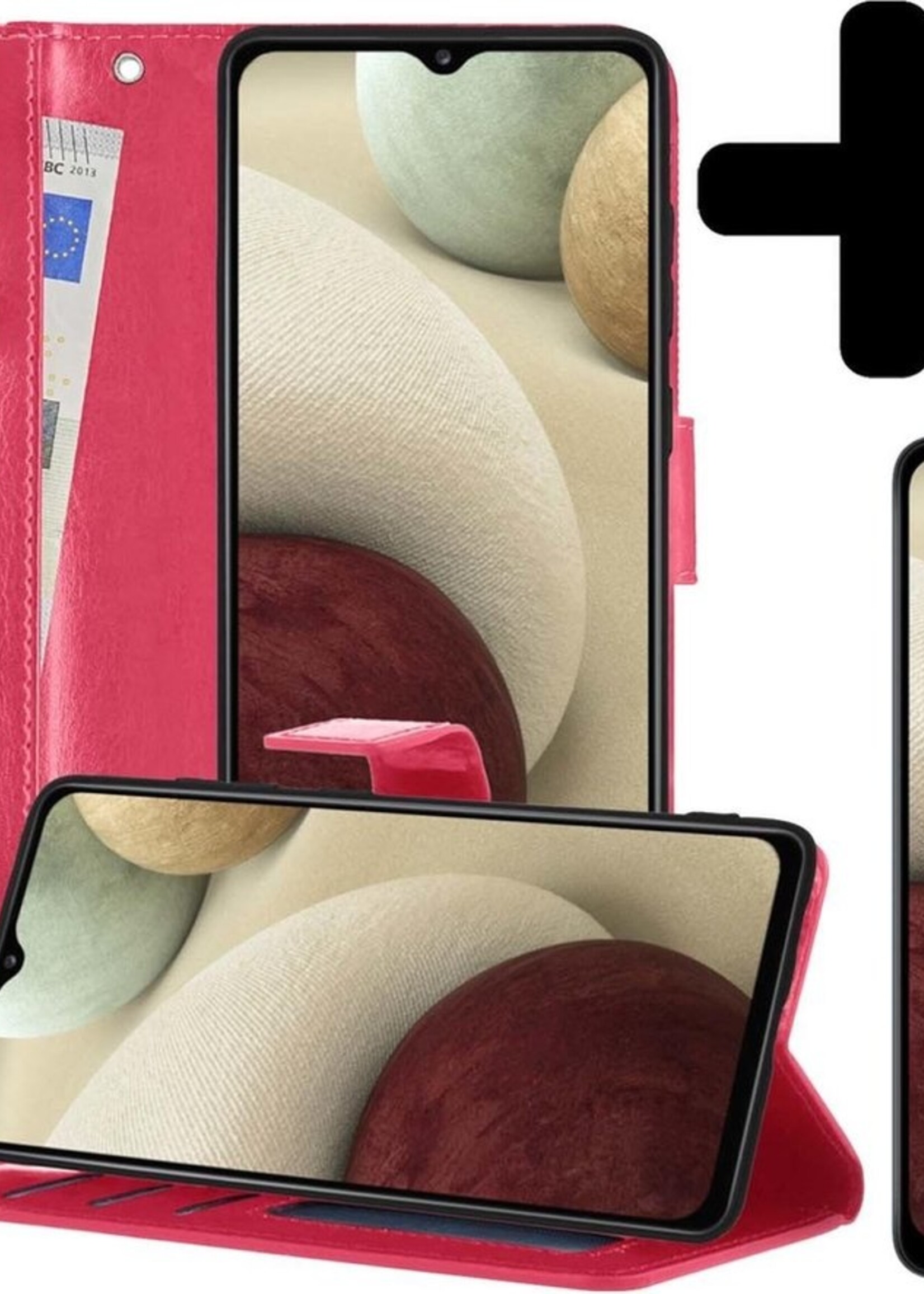 LUQ Hoesje Geschikt voor Samsung A12 Hoesje Book Case Hoes Wallet Cover Met 2x Screenprotector - Hoes Geschikt voor Samsung Galaxy A12 Hoesje Bookcase Hoes - Donkerroze