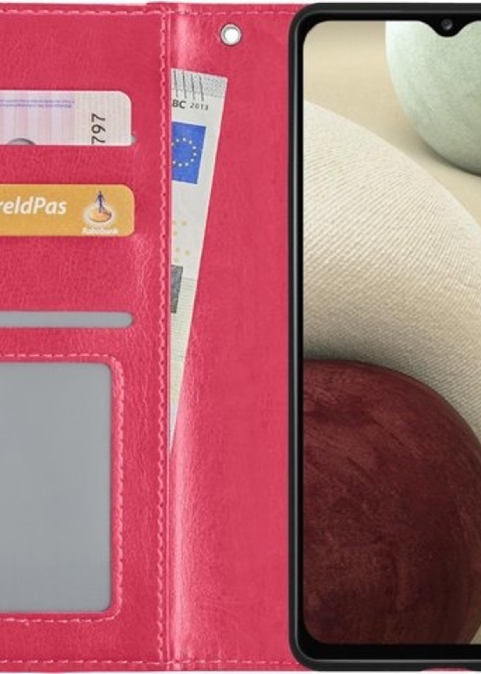 LUQ Hoesje Geschikt voor Samsung A12 Hoesje Book Case Hoes Wallet Cover Met 2x Screenprotector - Hoes Geschikt voor Samsung Galaxy A12 Hoesje Bookcase Hoes - Donkerroze